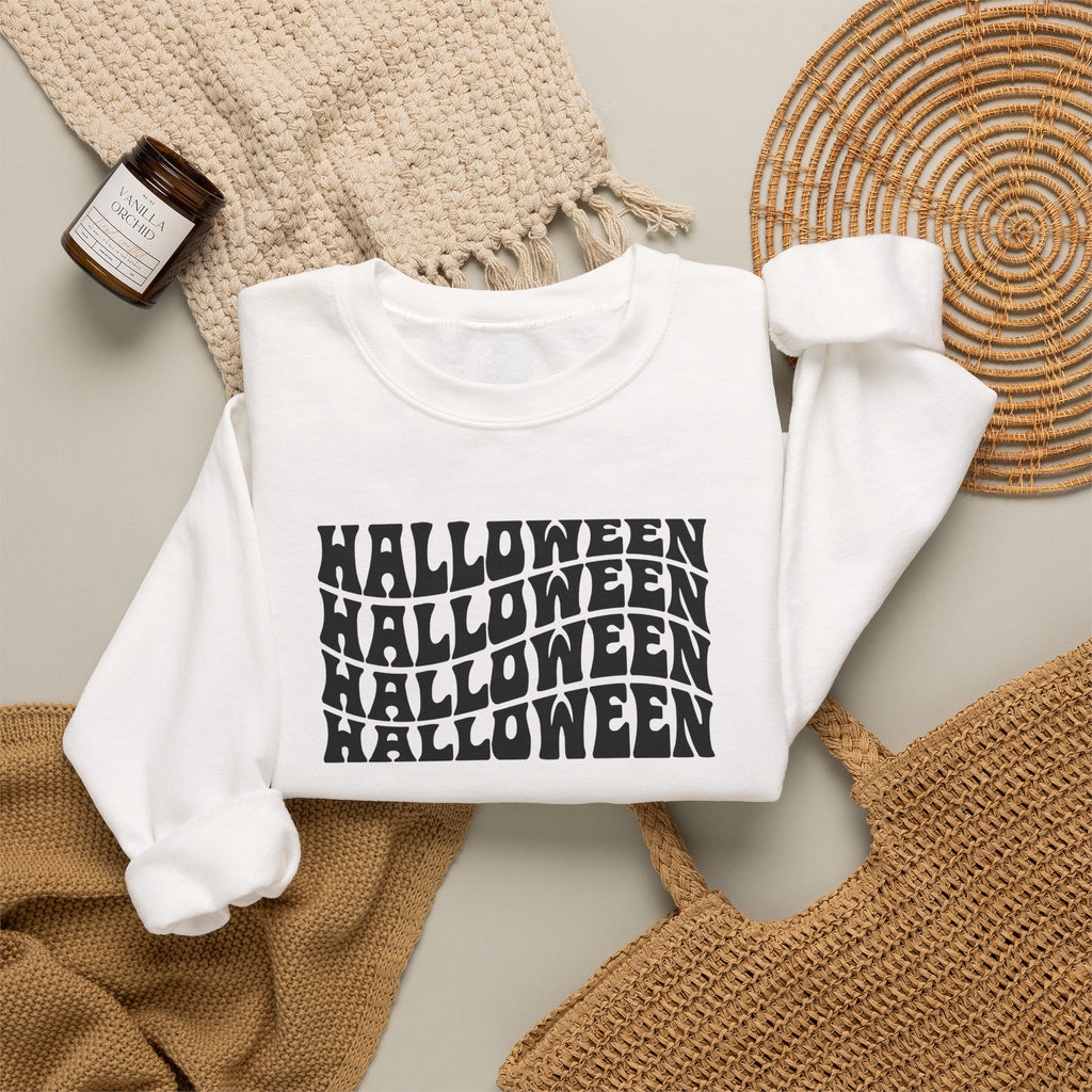 Halloween Repeat Crewneck Sweatshirt — Retro Stacked "Halloween" Graphic