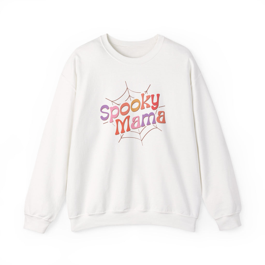 Spooky Mama Sweatshirt — Halloween Mom Crewneck with Retro Spiderweb Design