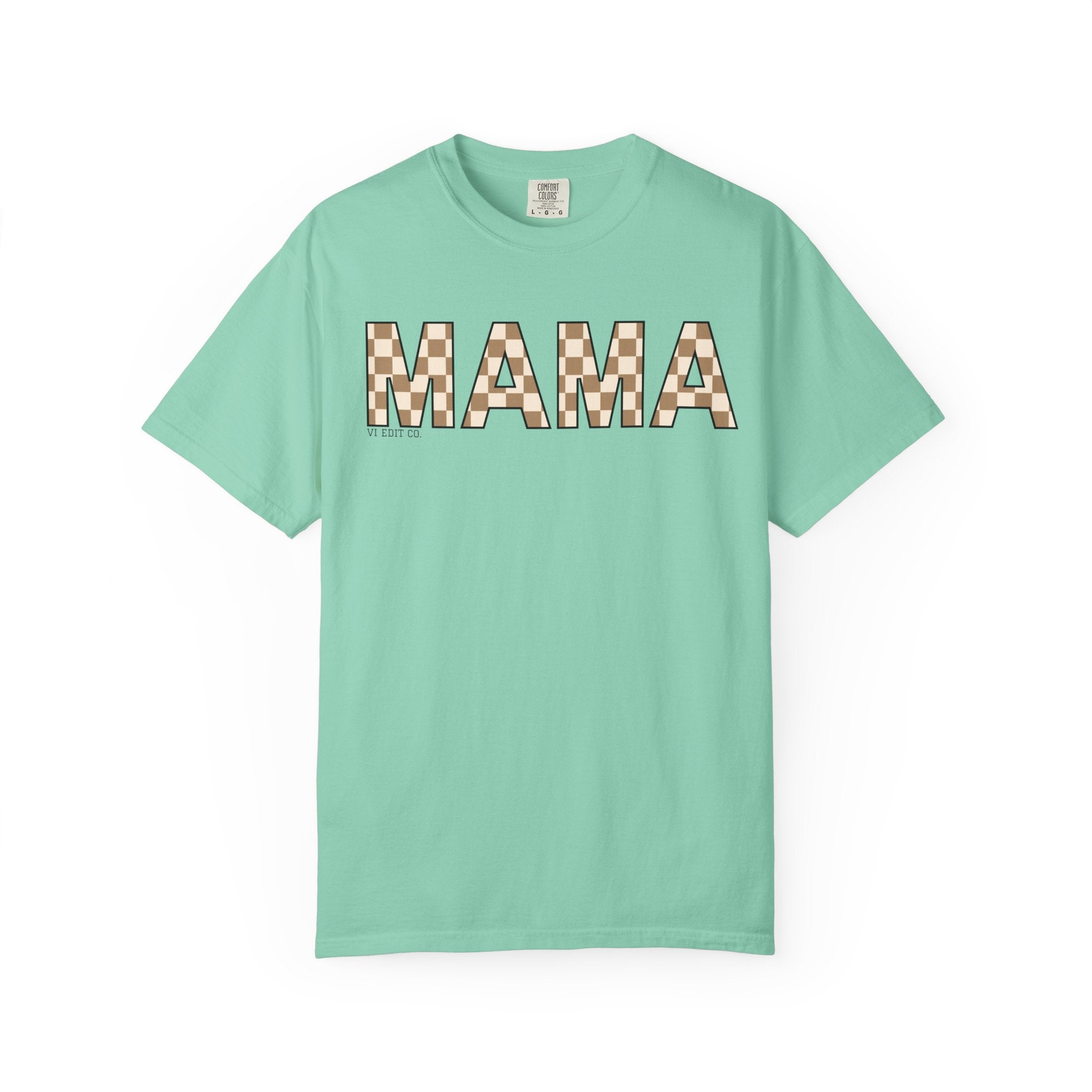 Mama Checkerboard T-Shirt | Mom Typography Tee, Neutral Plaid Letters