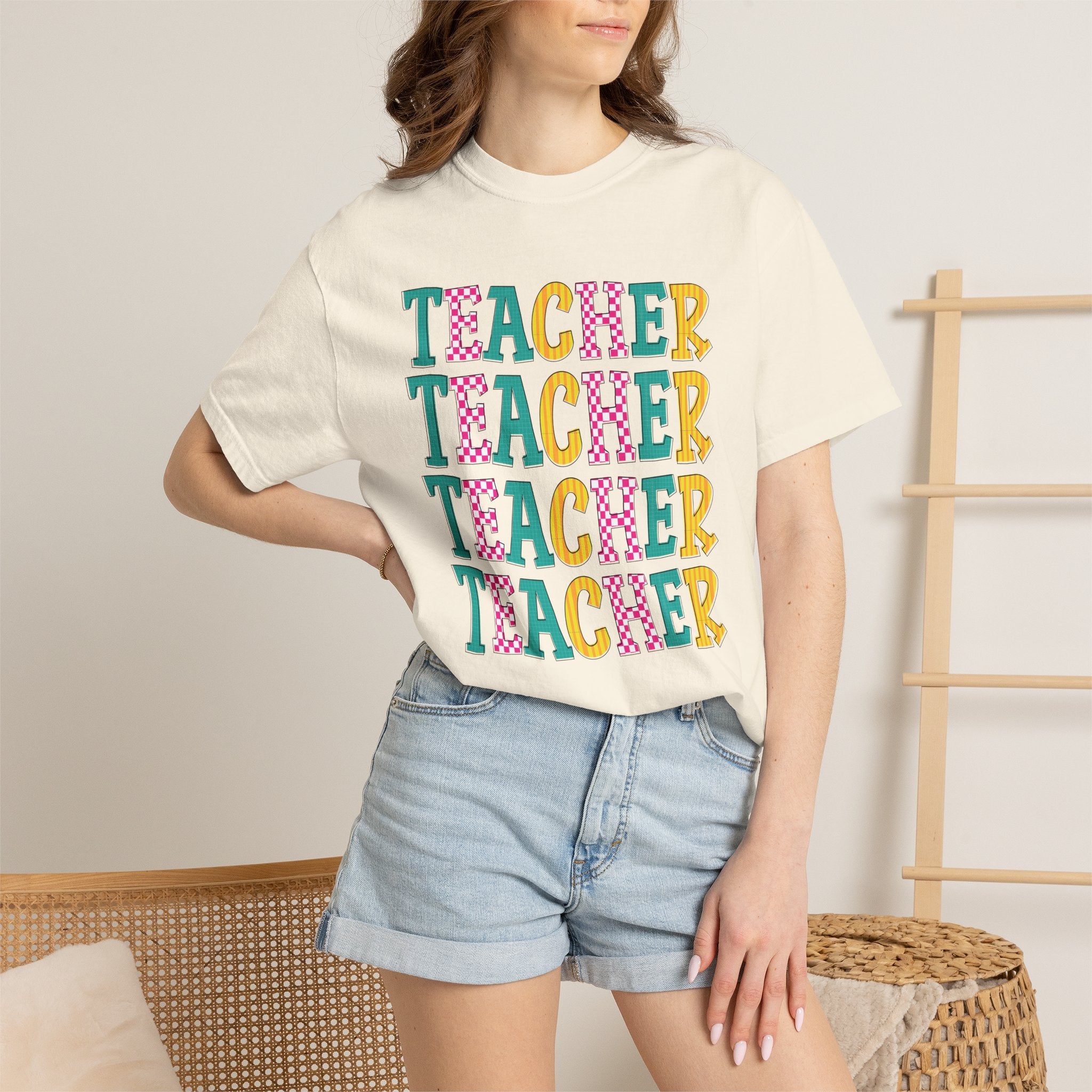 Teacher Repeat Pattern T-Shirt — Colorful Back-to-School Gift