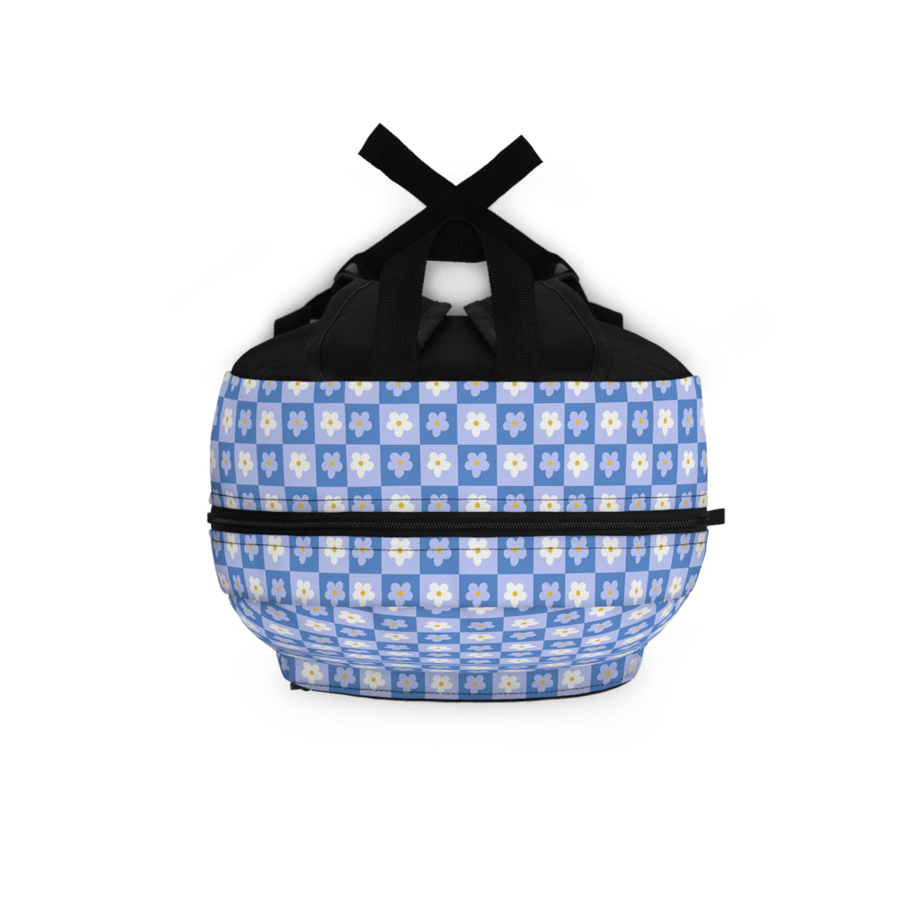 Floral Checkerboard Backpack — Blue Daisy Pattern School & Casual Bag
