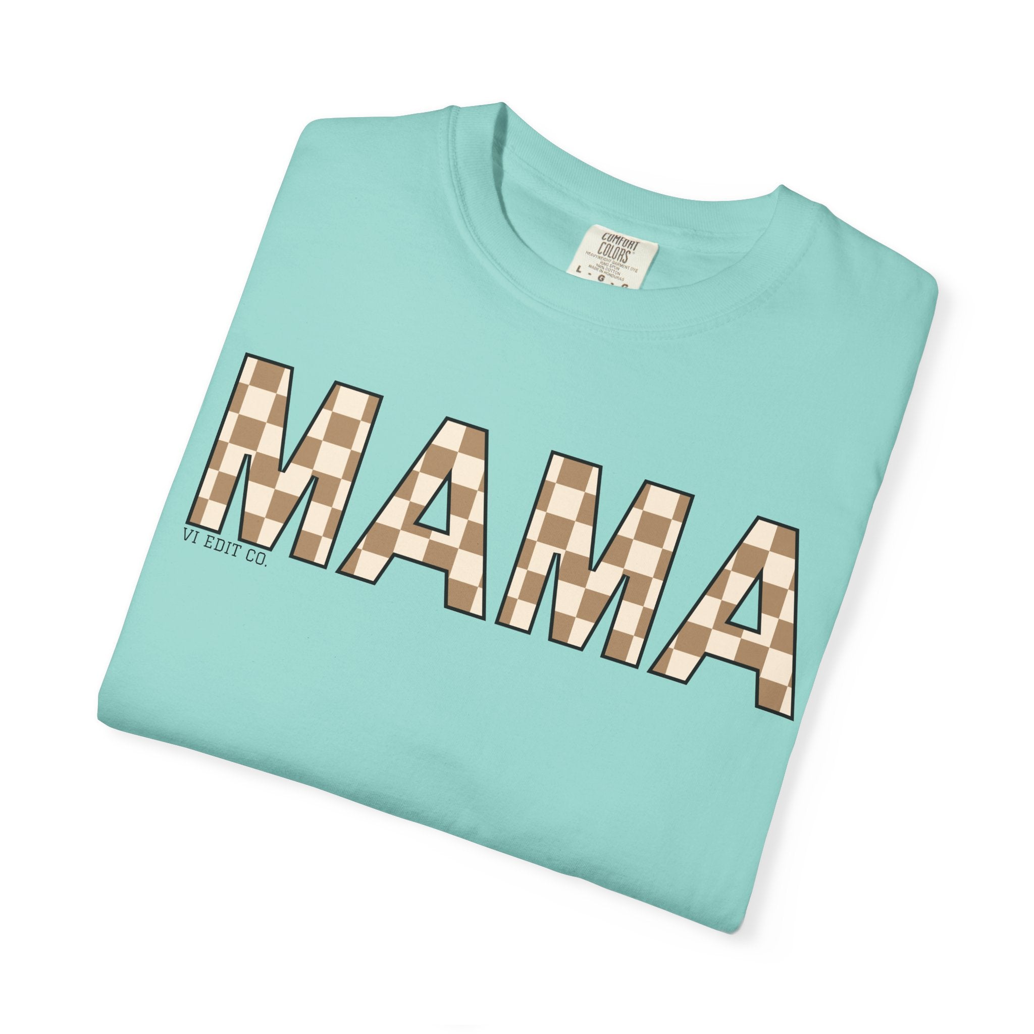 Mama Checkerboard T-Shirt | Mom Typography Tee, Neutral Plaid Letters