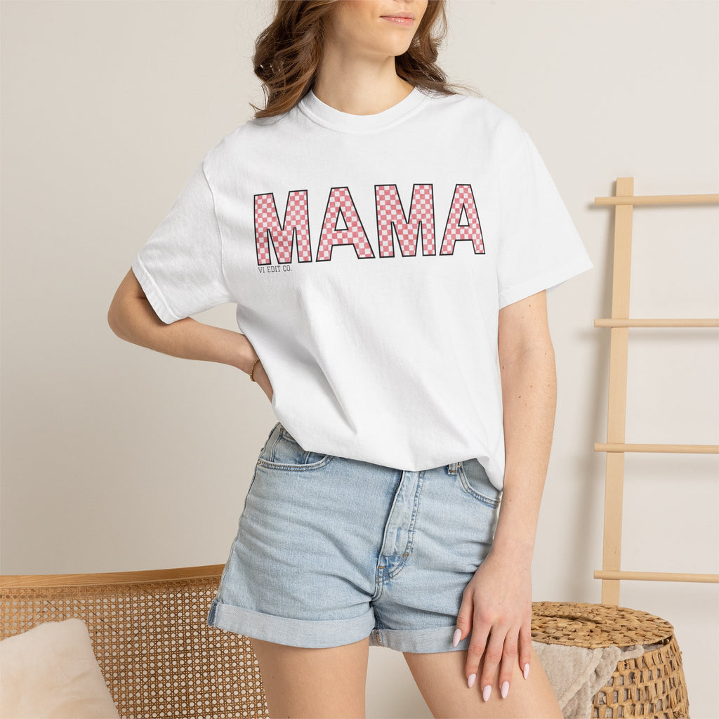 Mama Checkered Letters T-Shirt | Pink Plaid Typography Tee