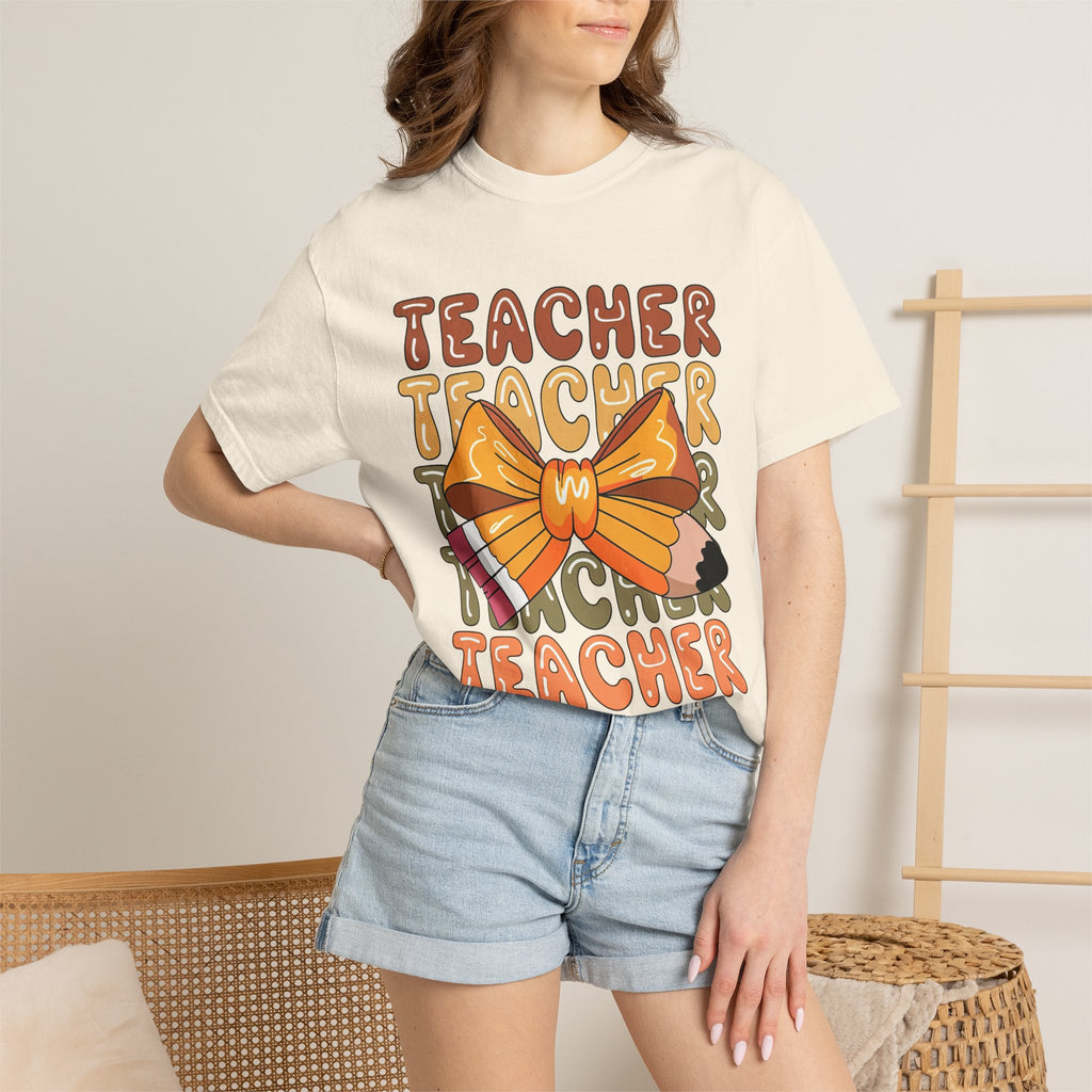 Teacher Bow Graphic T-Shirt — Cute Pencil & Ribbon Teacher Shirt for Educators