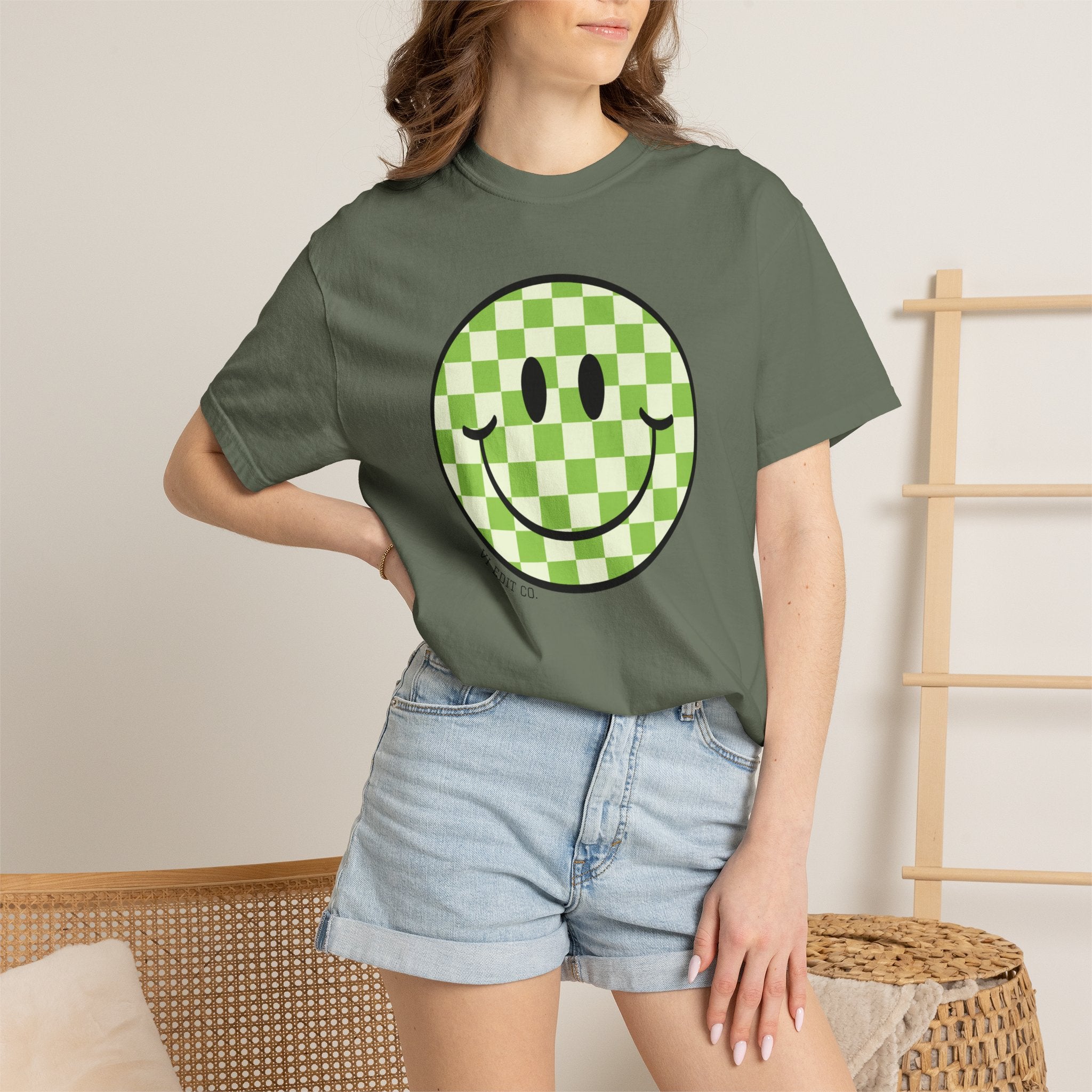Green Checker Smiley Face T-shirt | Text Back "Just A Mama Who Loves Her Babes"