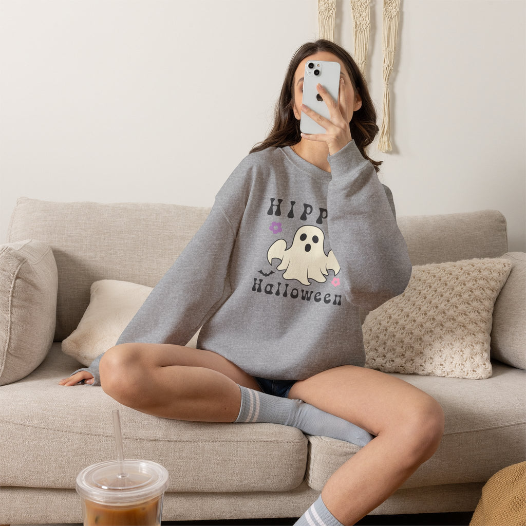 Hippie Halloween Crewneck Sweatshirt — Cute Retro Ghost Graphic