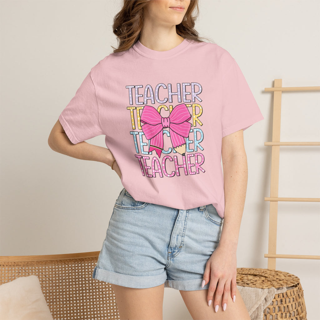 Teacher Stack with Pink Bow T-shirt | Teacher Typography Shirt