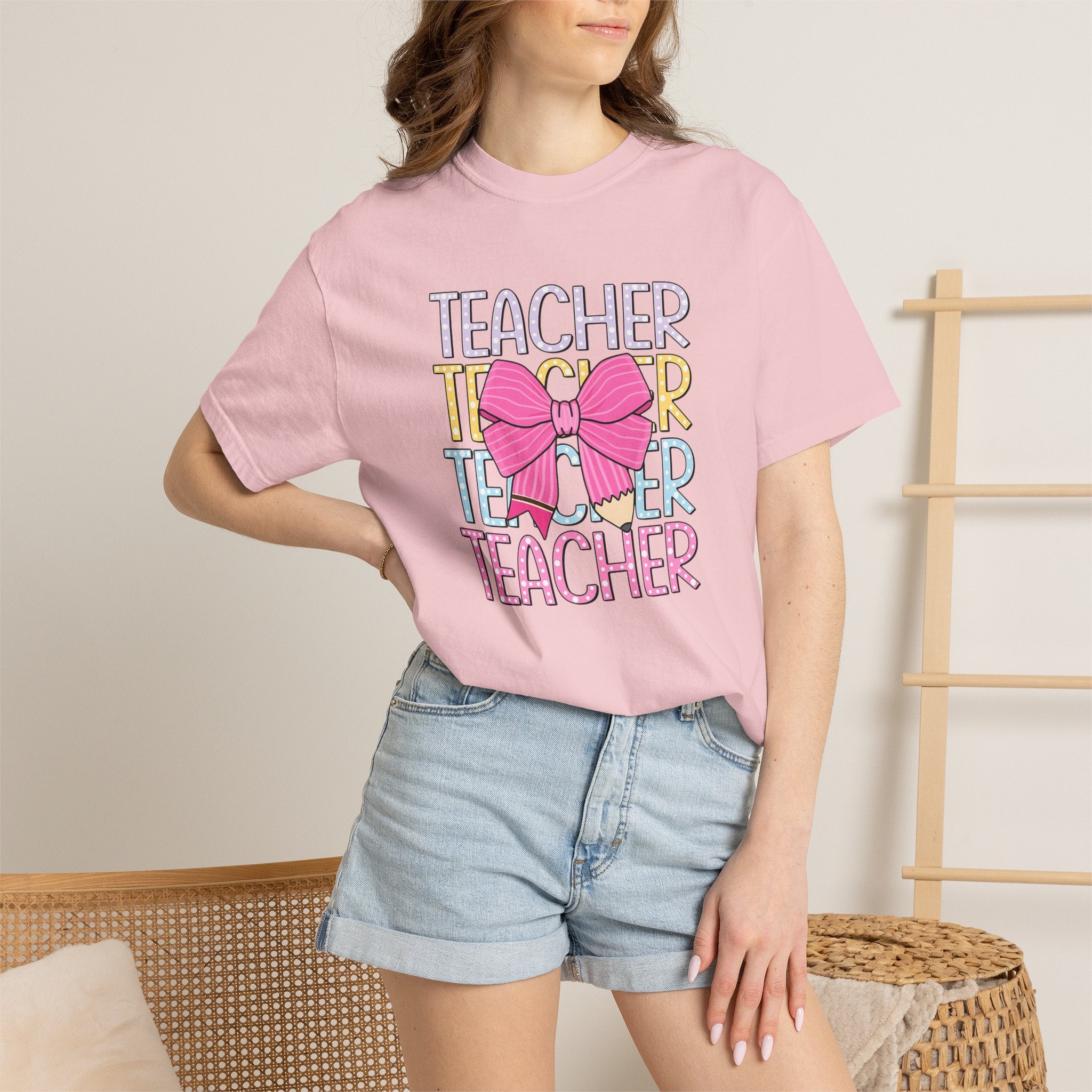 Teacher Stack with Pink Bow T-shirt | Teacher Typography Shirt
