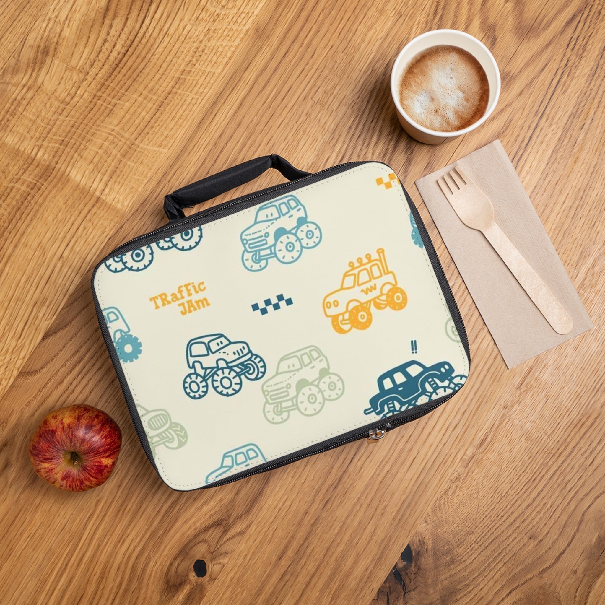 Kids Monster Truck Lunch Bag – 'Traffic Jam' Pattern Insulated Lunchbox