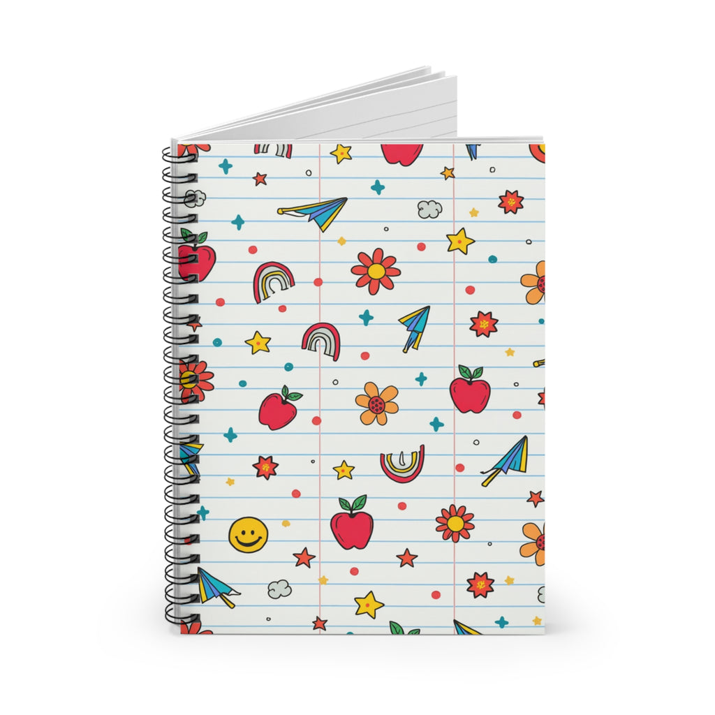 Cute Doodle Spiral Notebook — Lined School Journal with Apples, Rainbows & Paper Planes