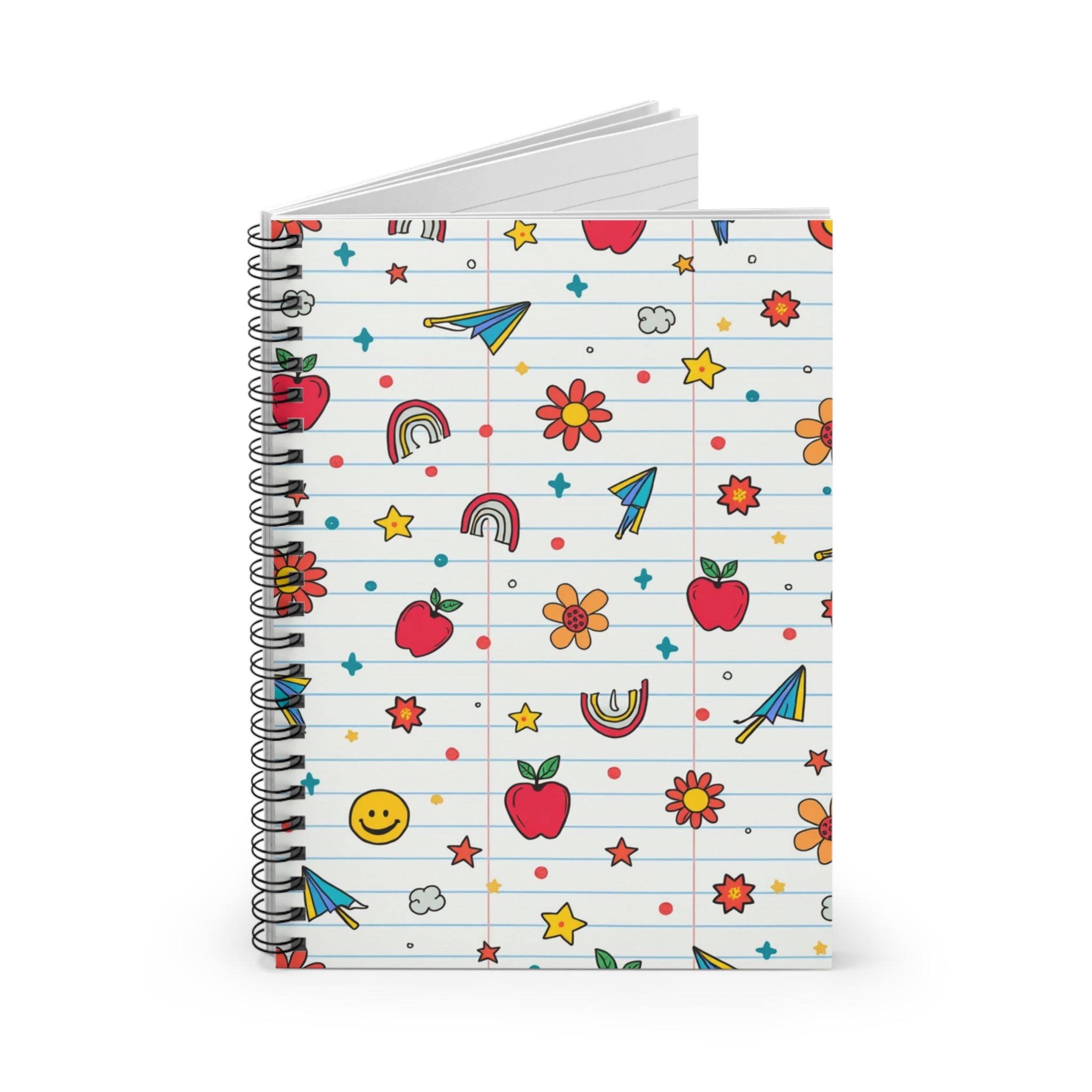Cute Doodle Spiral Notebook — Lined School Journal with Apples, Rainbows & Paper Planes