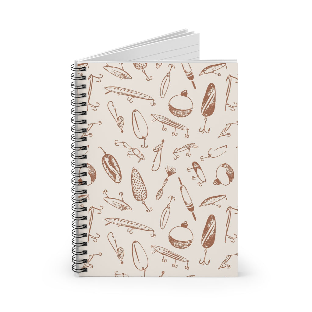 Fishing Lures Spiral Notebook — Hand-Drawn Tackle Pattern, Ruled Journal for Anglers