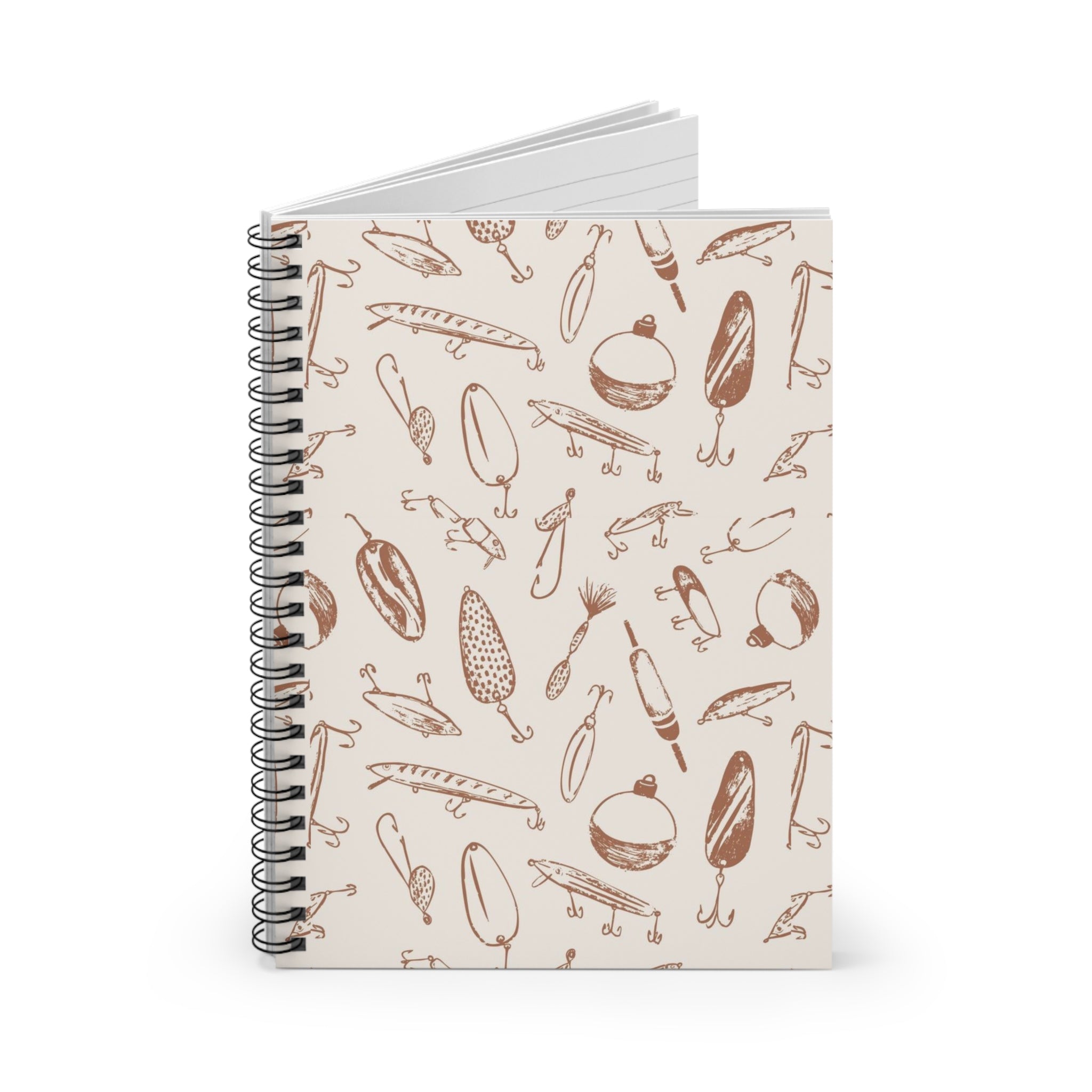 Fishing Lures Spiral Notebook — Hand-Drawn Tackle Pattern, Ruled Journal for Anglers