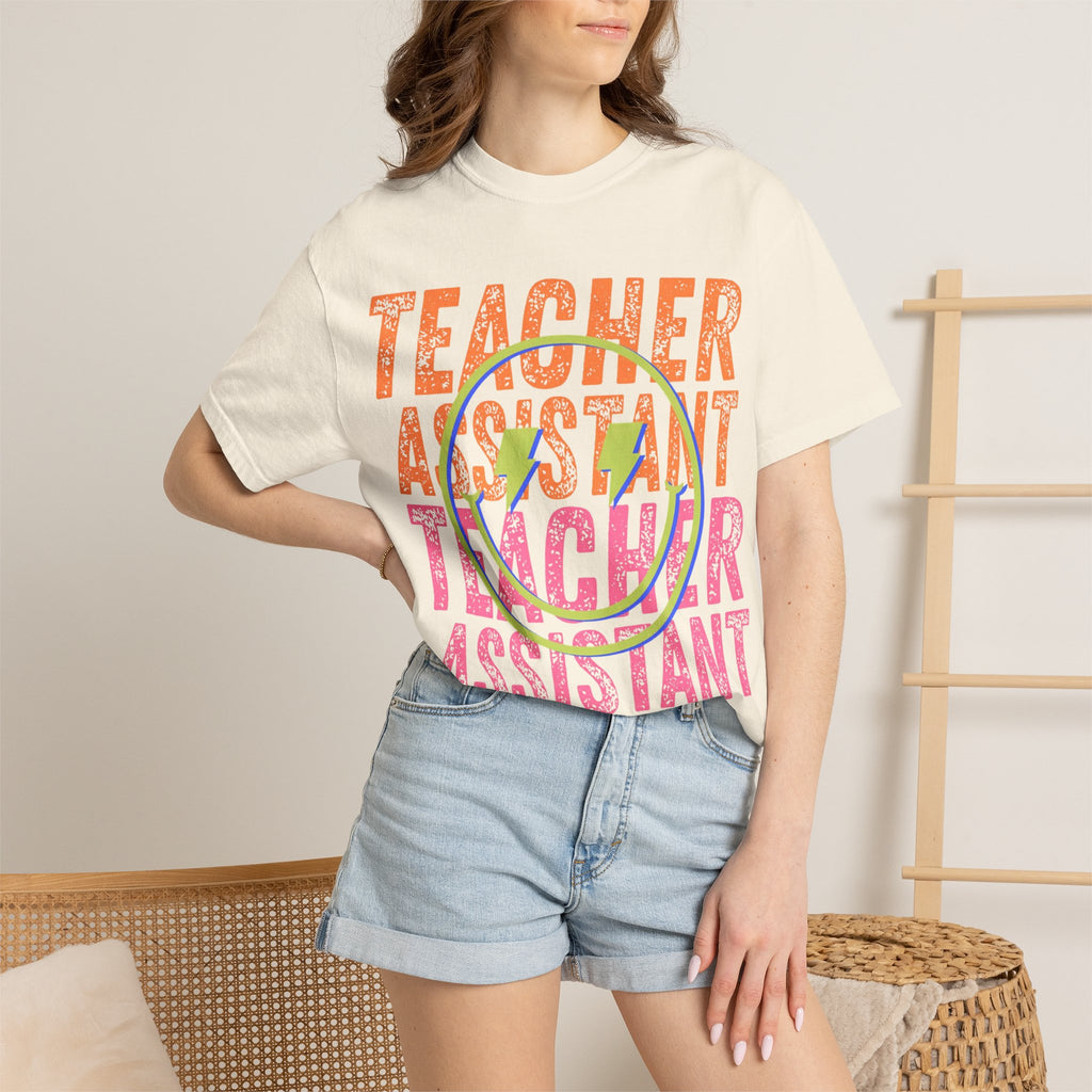 Teacher Assistant Smiley Face T-Shirt | School Staff Tee, Colorful Text