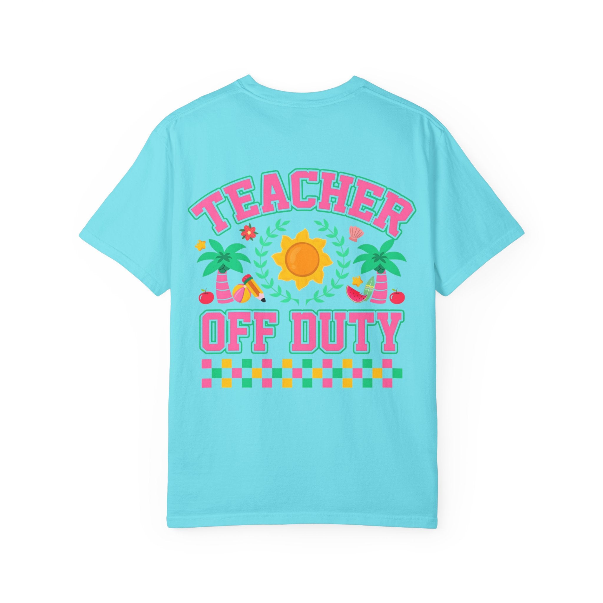 Teacher Off Duty T-Shirt | Beach Sun Palm Trees Retro Checkerboard