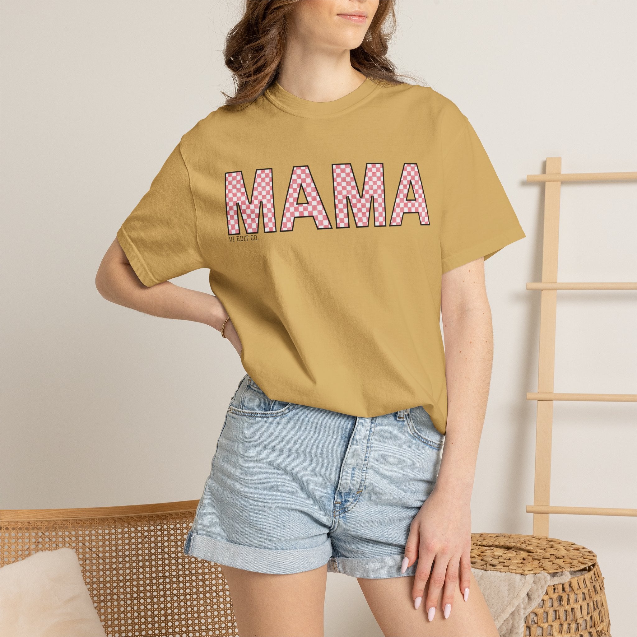 Mama Checkered Letters T-Shirt | Pink Plaid Typography Tee