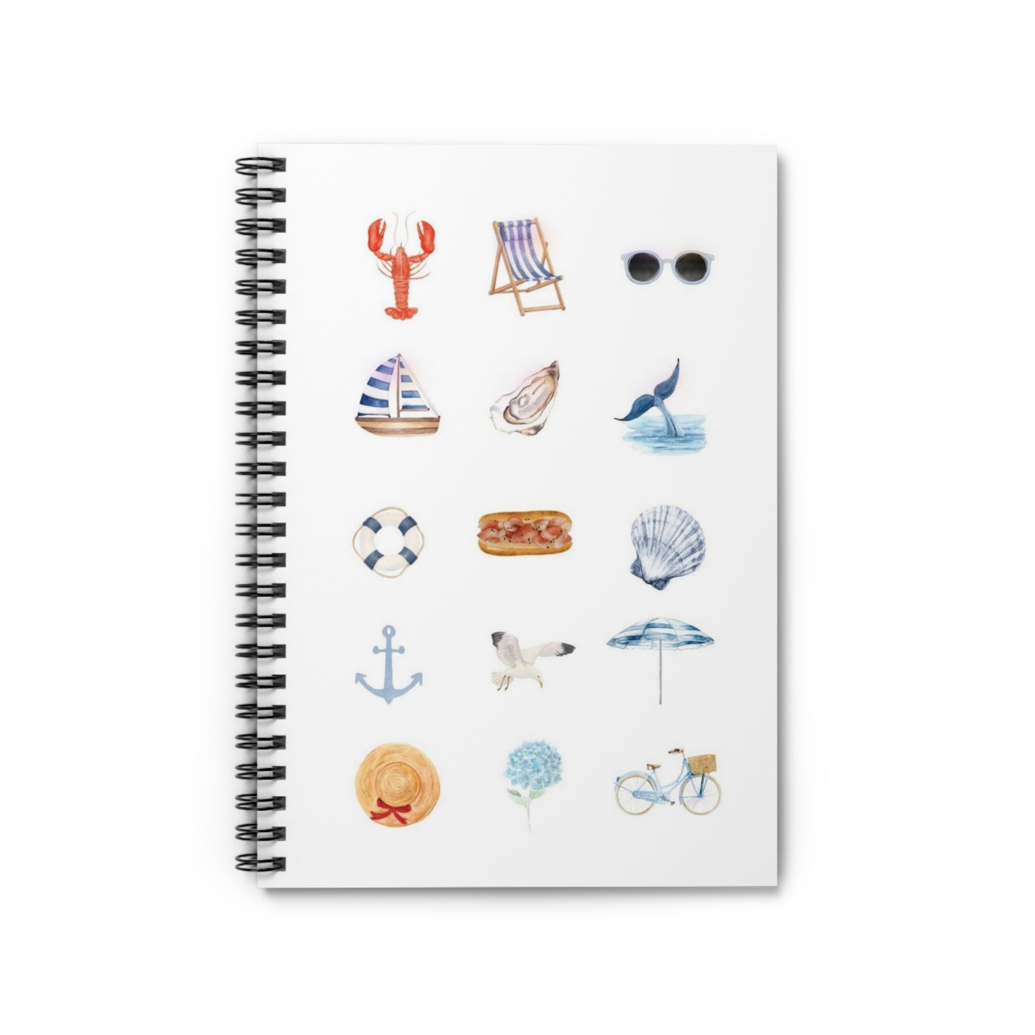 Coastal Icons Spiral Notebook — Beachy Watercolor Journal (Ruled)