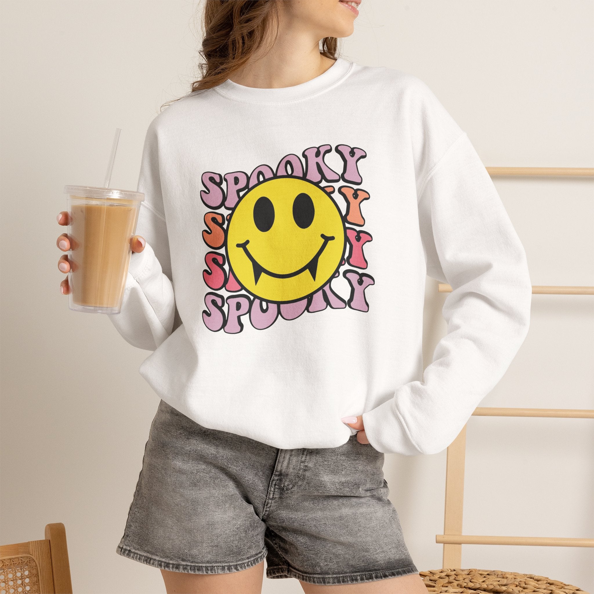 Spooky Smiley Crewneck Sweatshirt — Retro Halloween Graphic