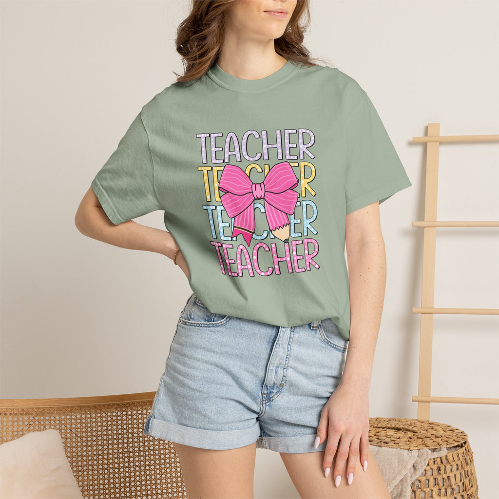 Teacher Stack with Pink Bow T-shirt | Teacher Typography Shirt