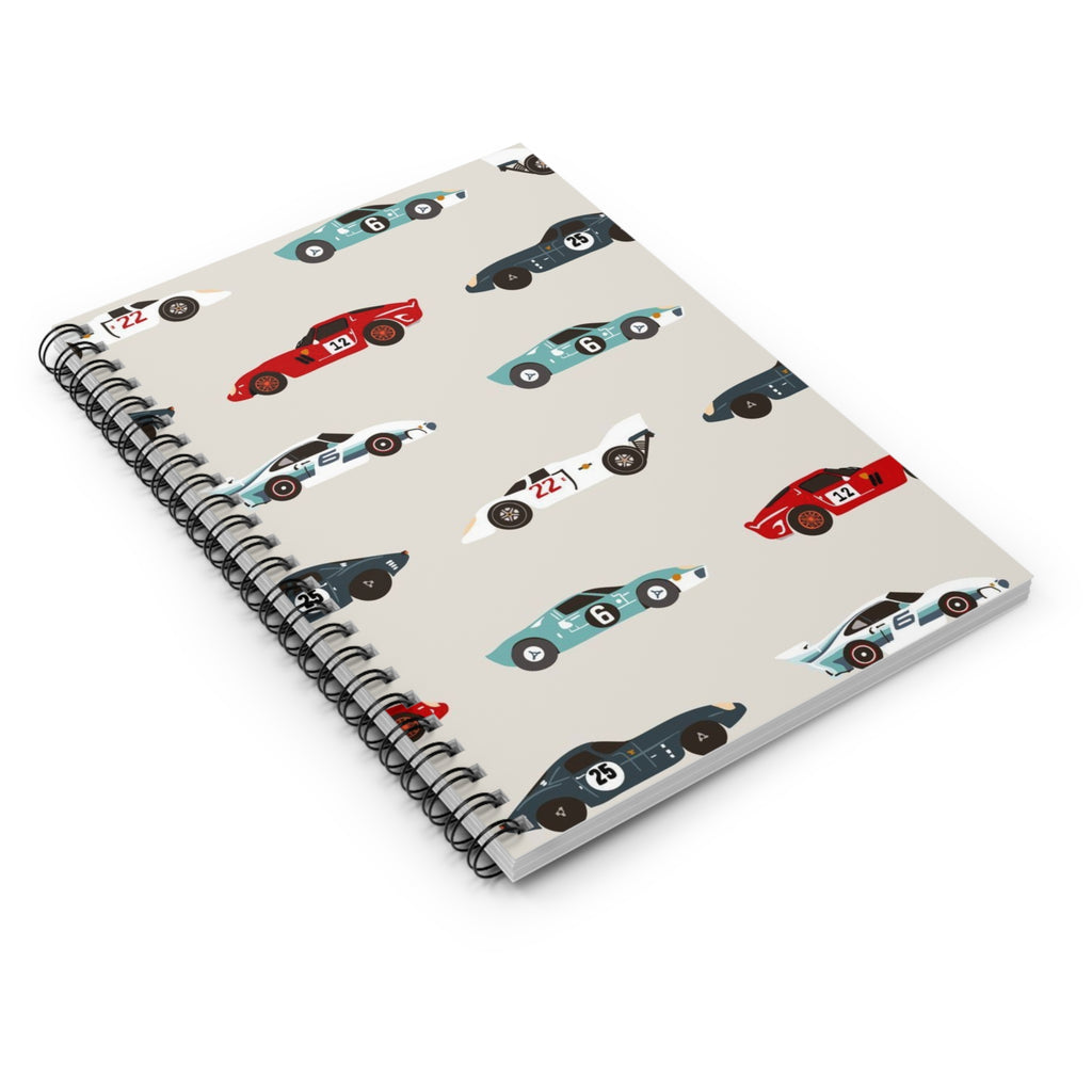 Vintage Racing Cars Spiral Notebook — Retro Sports Car Pattern Ruled Journal