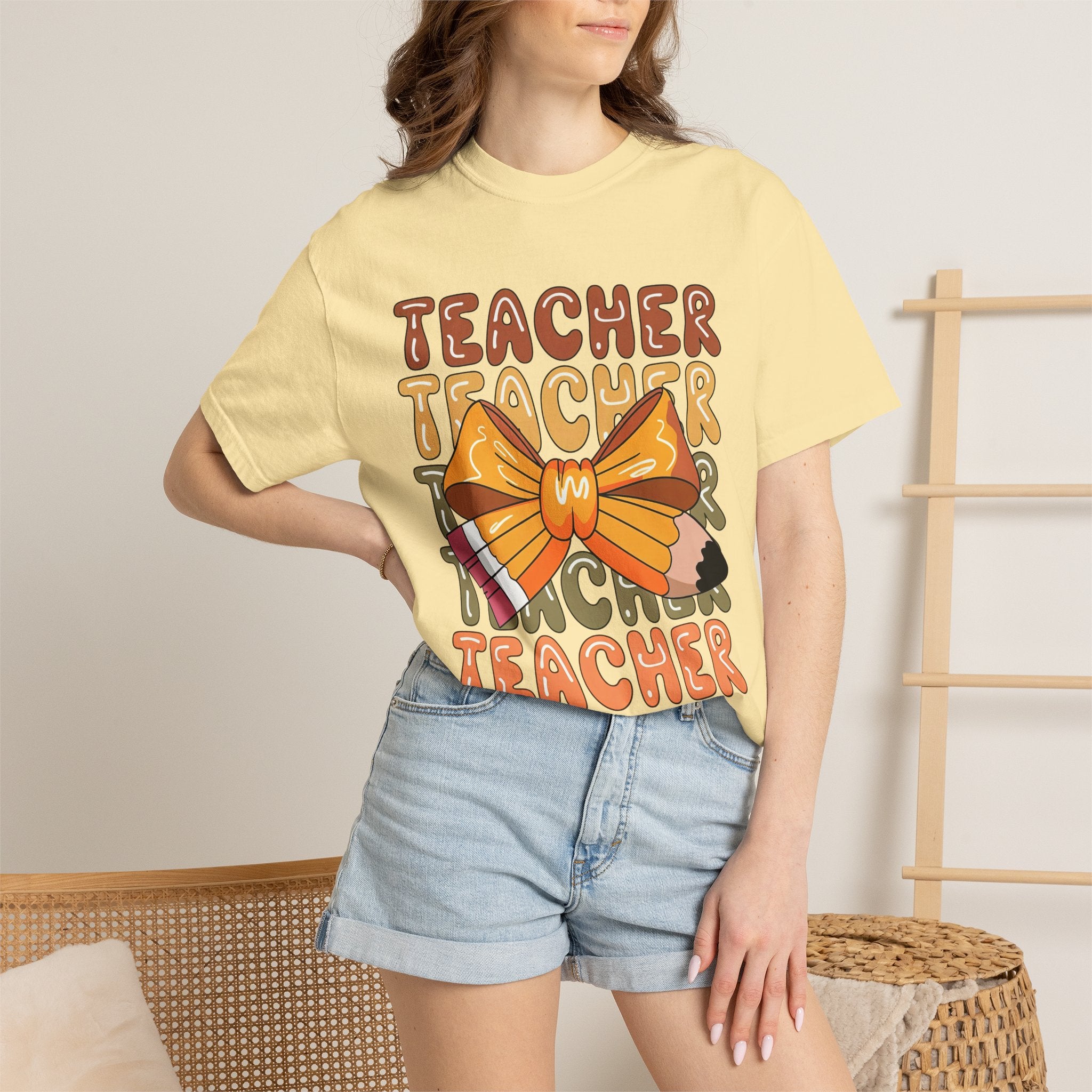 Teacher Bow Graphic T-Shirt — Cute Pencil & Ribbon Teacher Shirt for Educators