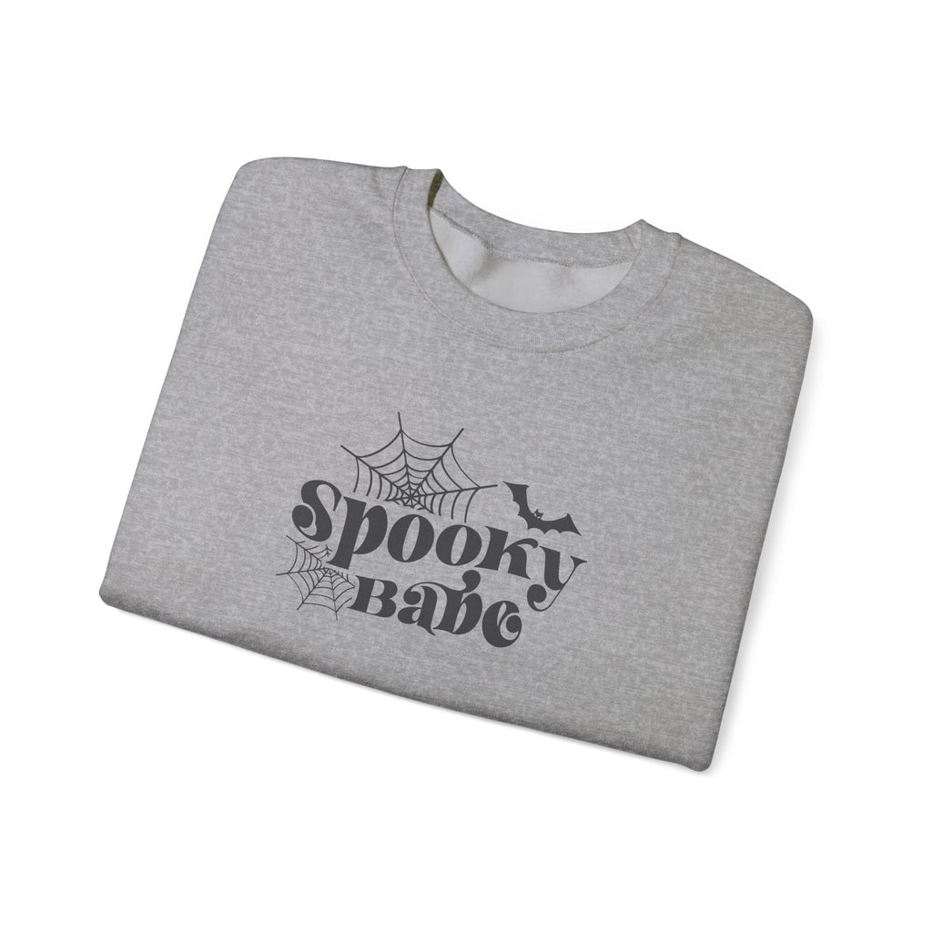 Spooky Babe Crewneck Sweatshirt — Halloween Spiderweb & Bat Graphic