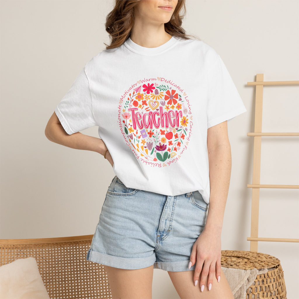 Teacher Floral Circle T-Shirt | Handlettered Teacher Typography, Bright Flower Design