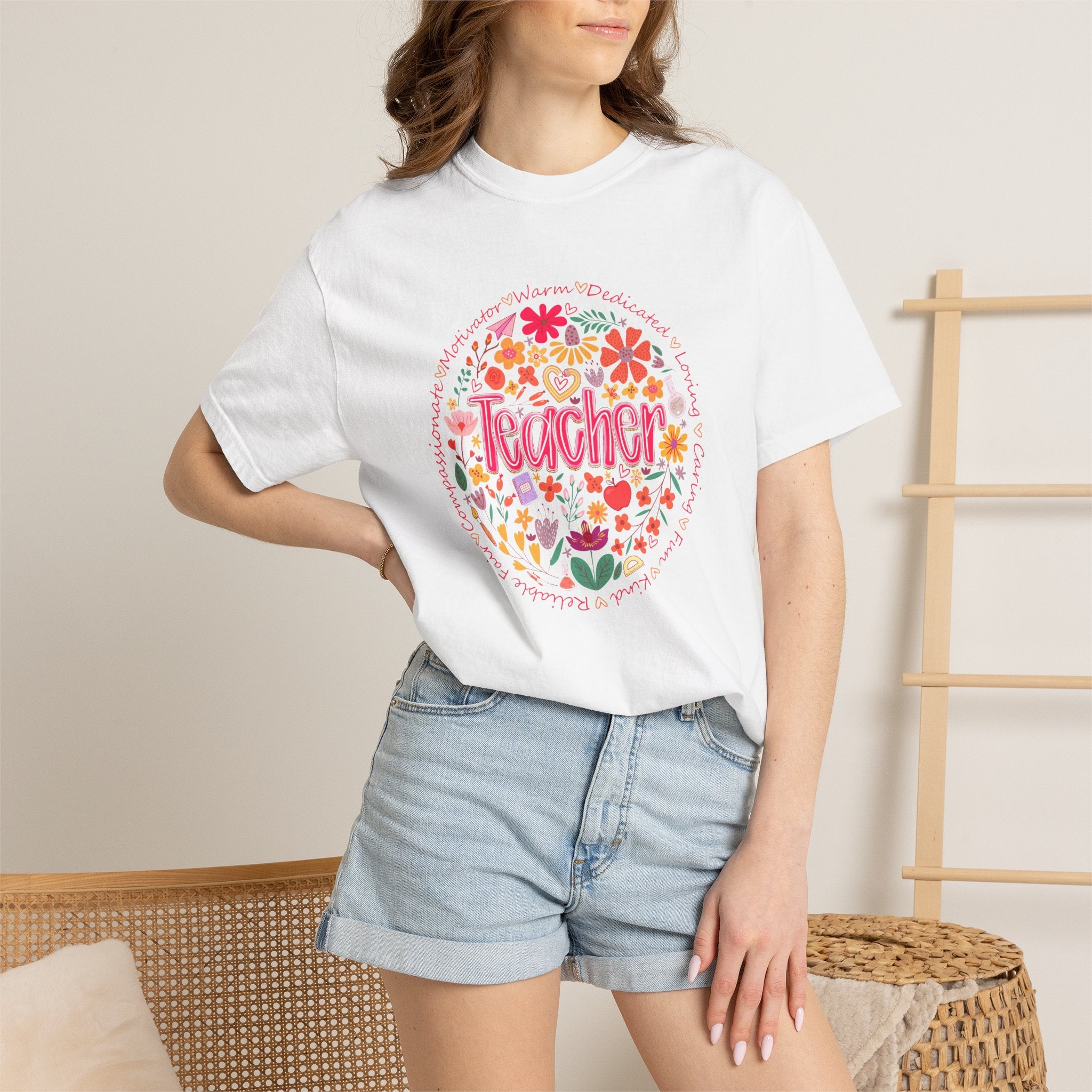 Teacher Floral Circle T-Shirt | Handlettered Teacher Typography, Bright Flower Design