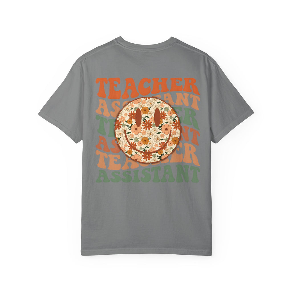 Teacher Assistant Floral Smiley T-Shirt | Retro Typography, Fall Colors