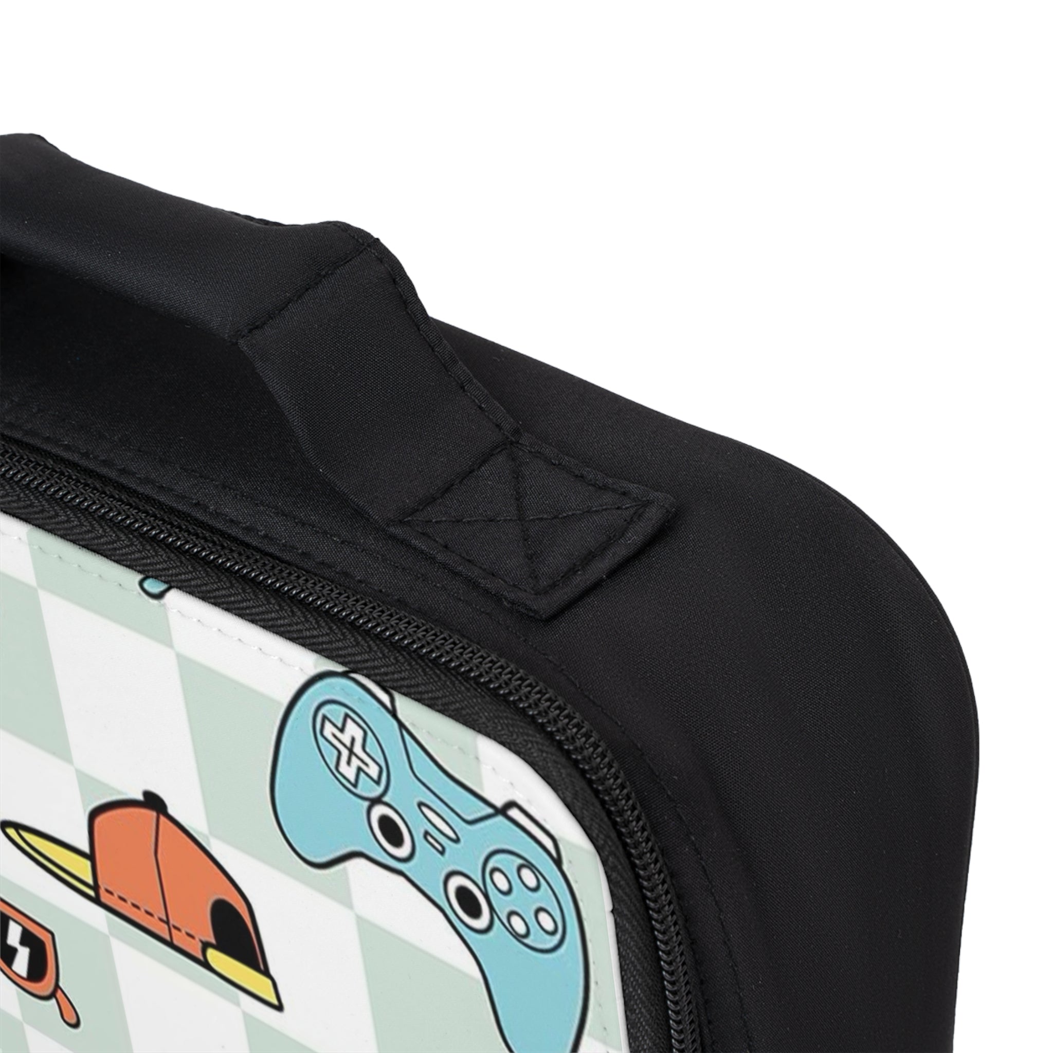Retro Gamer Pattern Lunch Bag — Skateboards, Controllers & Cap Kids Lunchbox