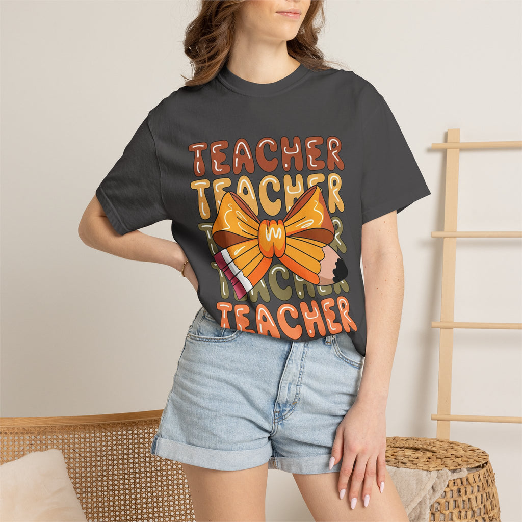 Teacher Bow Graphic T-Shirt — Cute Pencil & Ribbon Teacher Shirt for Educators