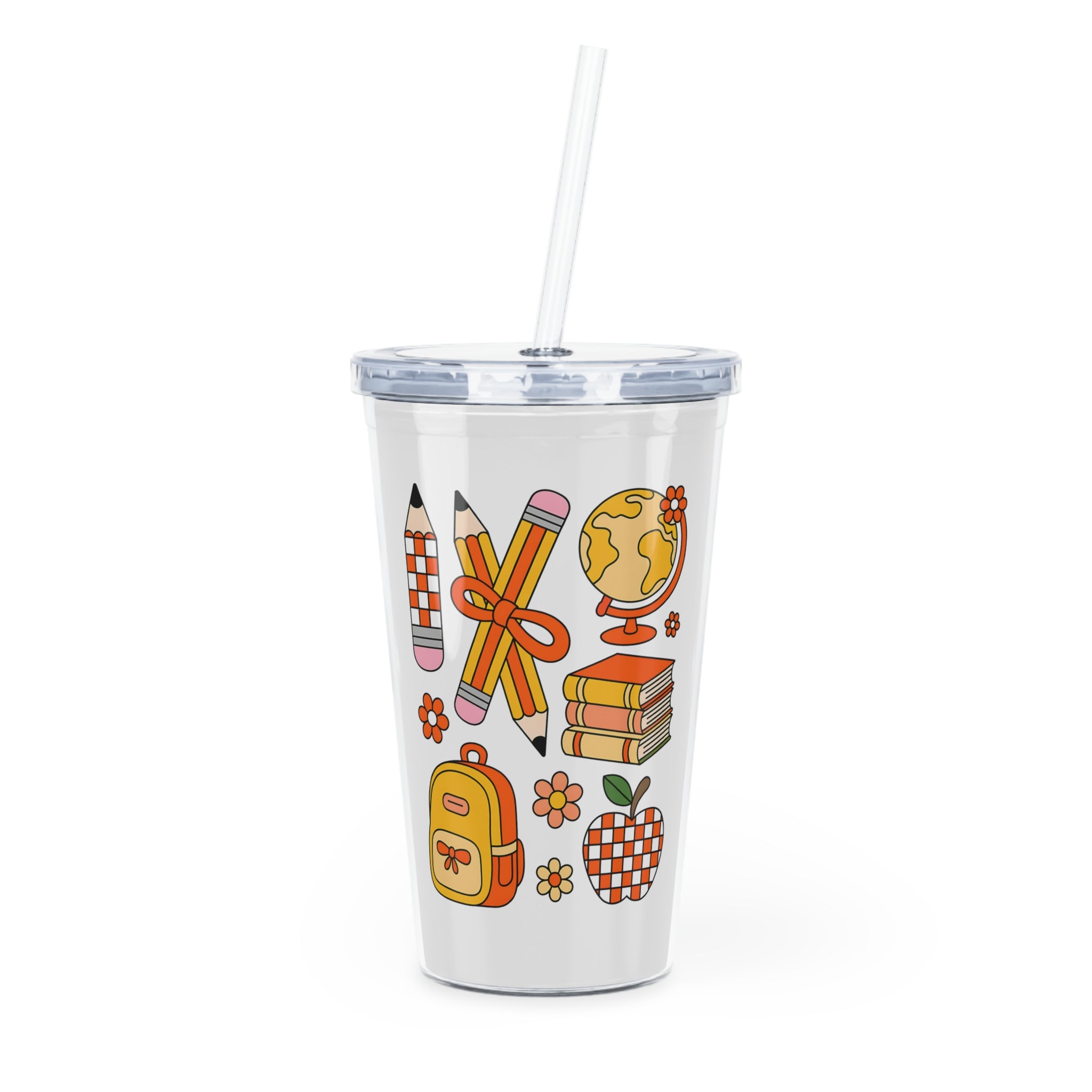 Back to School Plastic Tumbler with Straw — Cute School Supplies Design