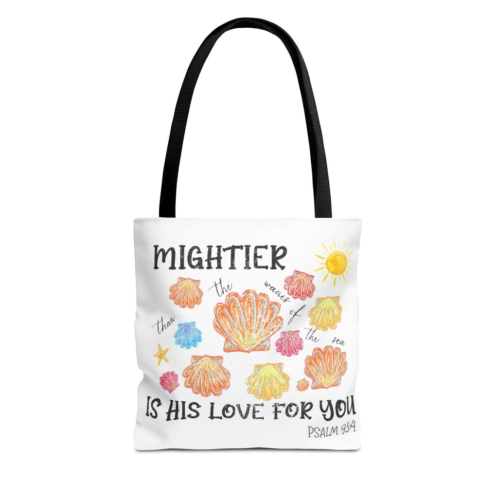 Christian Scripture Tote Bag - "Mightier Is His Love For You" Psalm 93:4 Watercolor Shells