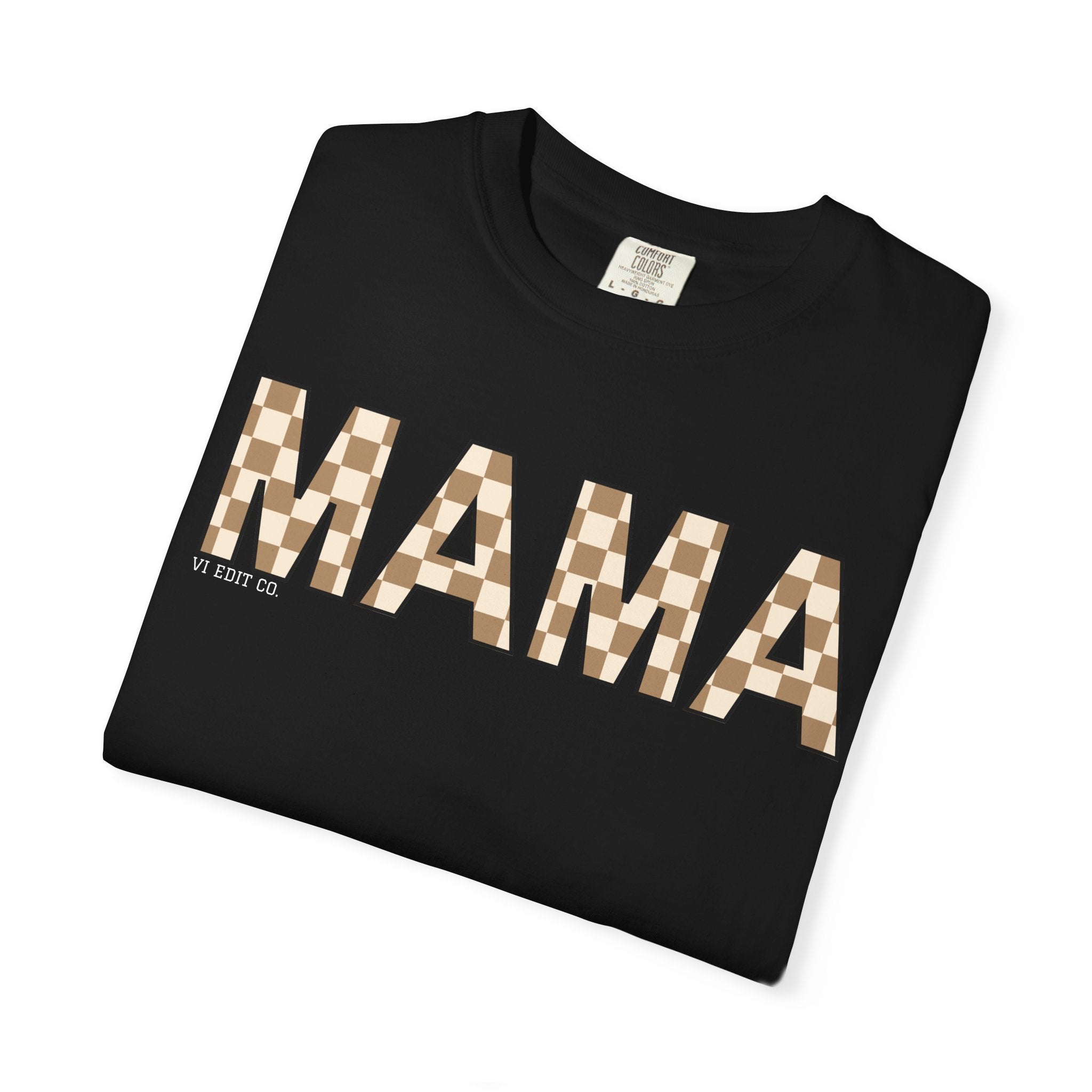 Mama Checkerboard T-Shirt | Mom Typography Tee, Neutral Plaid Letters