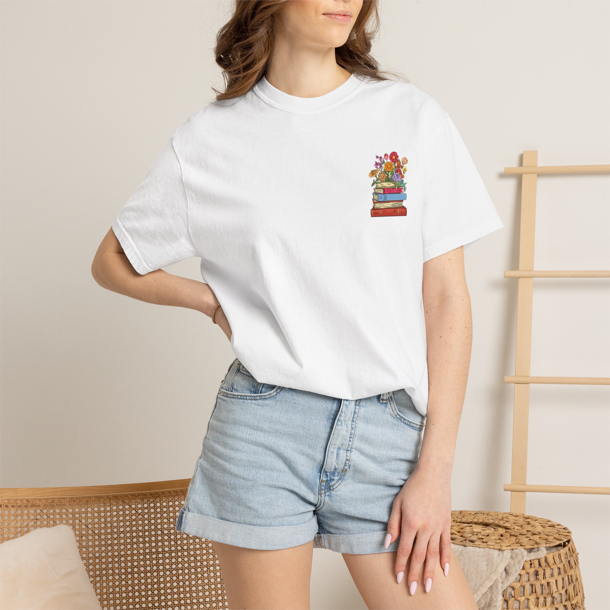 Reading Cozy T-Shirt — Floral Stack of Books Design