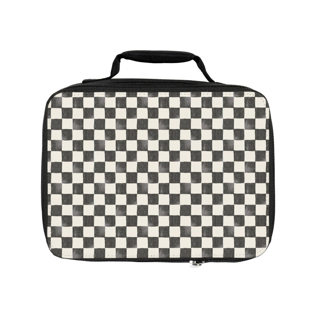 Checkerboard Lunch Bag — Black White Retro Grid Insulated Tote