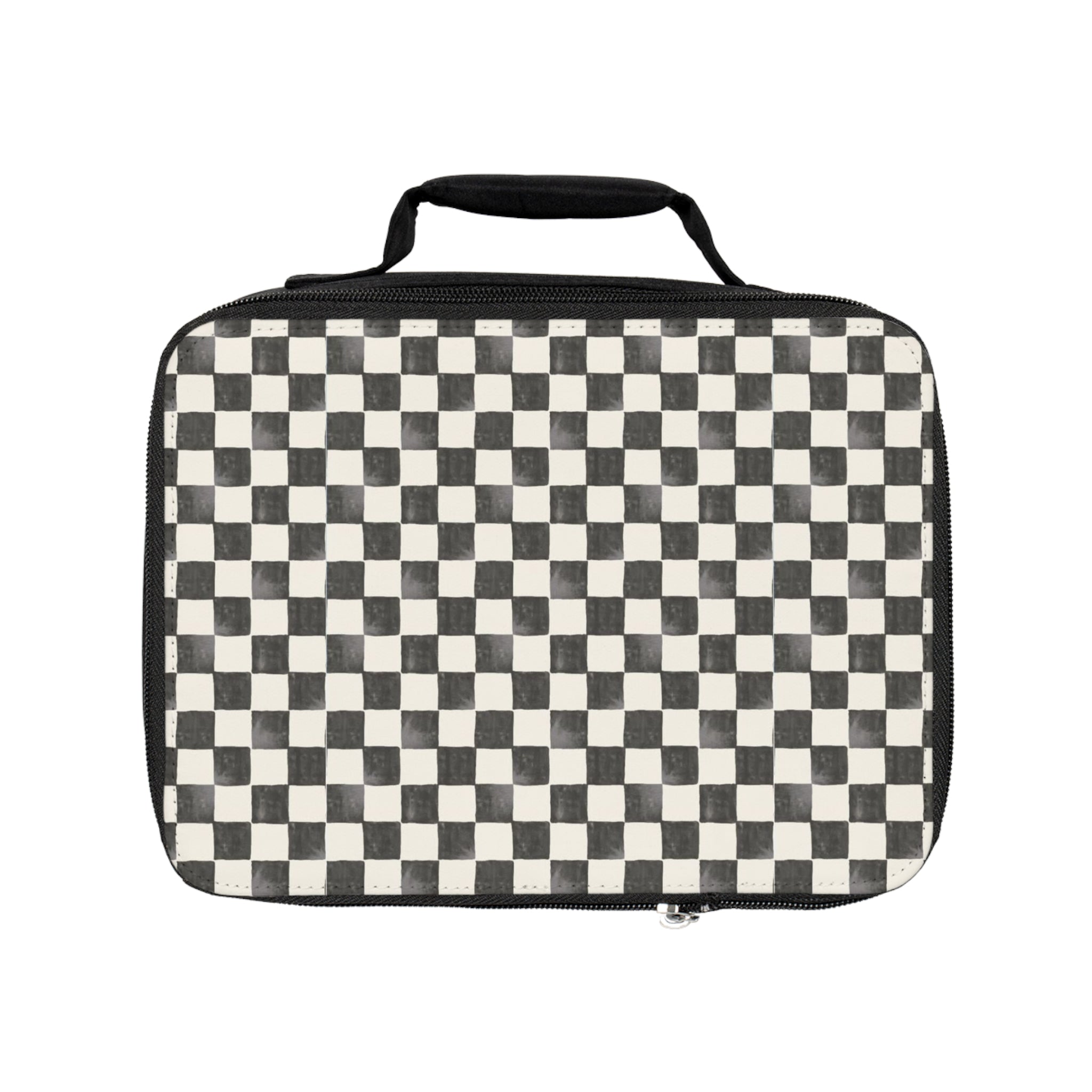 Checkerboard Lunch Bag — Black White Retro Grid Insulated Tote