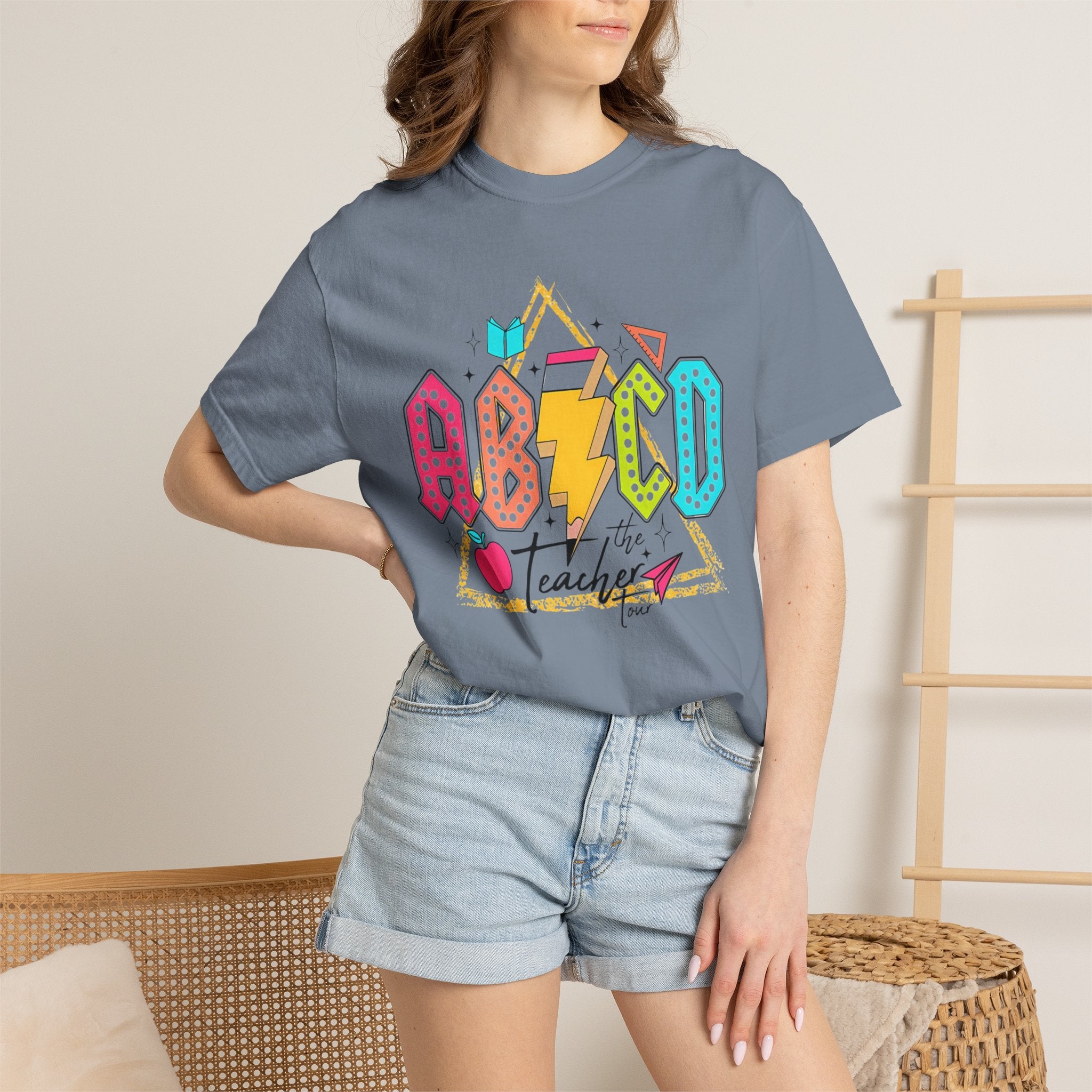 ABCD Teacher Lightning Graphic T-Shirt | Retro School Apple Pencil Design