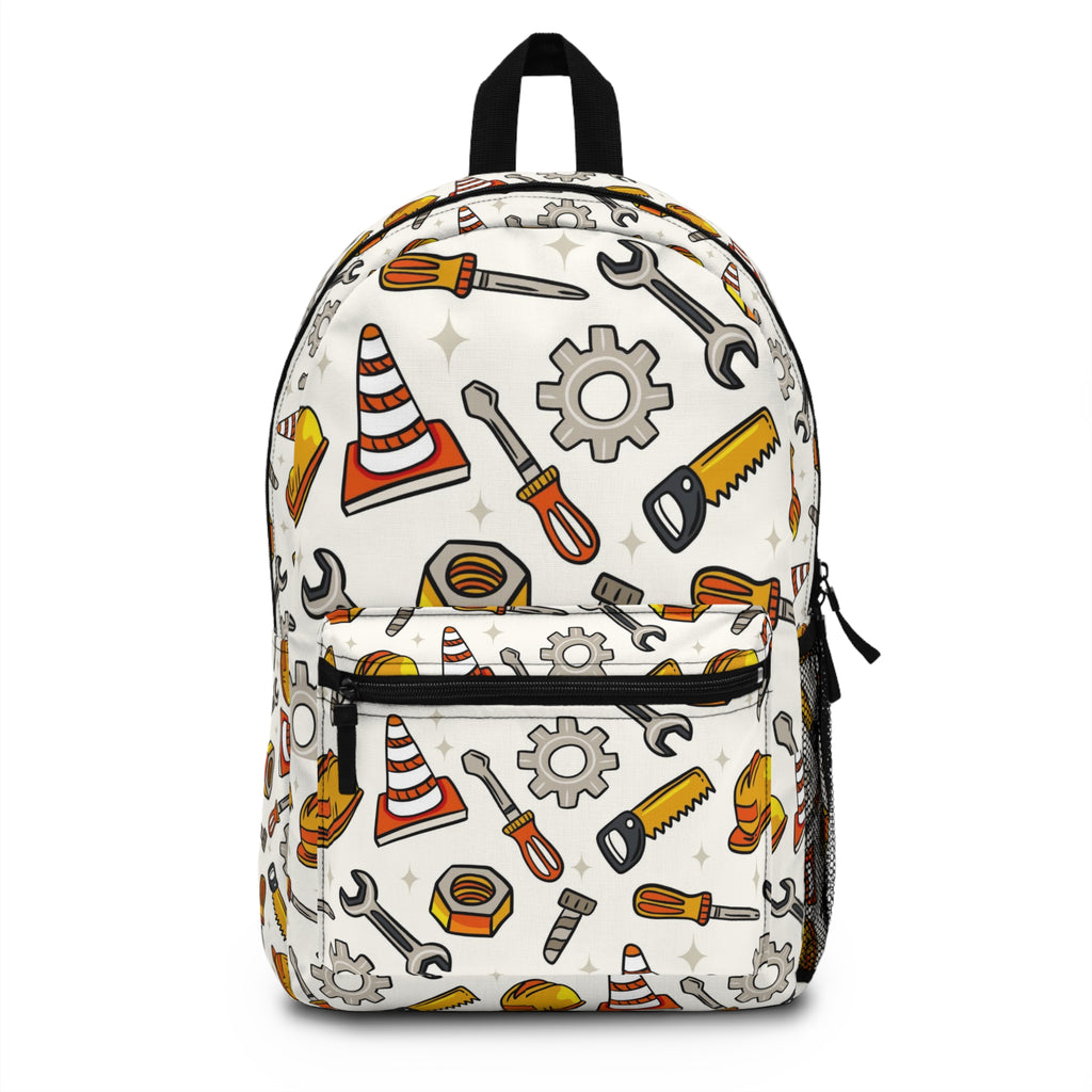 Construction Tools Backpack – Kids & Tradesman Hard Hat, Wrench & Cone Pattern