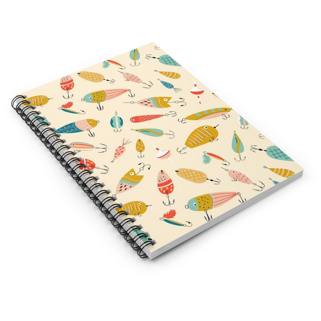 Fishing Lures Pattern Spiral Notebook — Cute Retro Bait Design, Ruled Journal for Anglers & Outdoors Lovers
