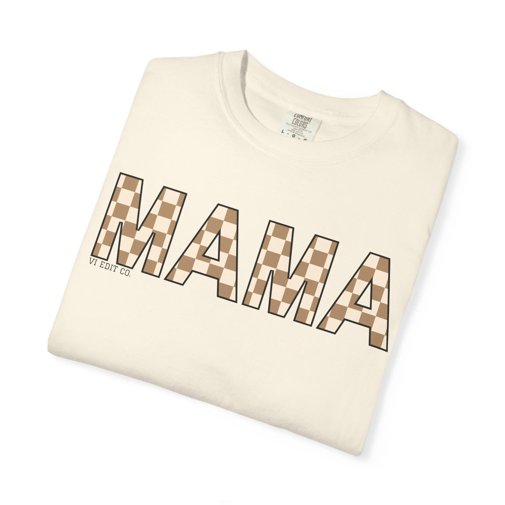 Mama Checkerboard T-Shirt | Mom Typography Tee, Neutral Plaid Letters