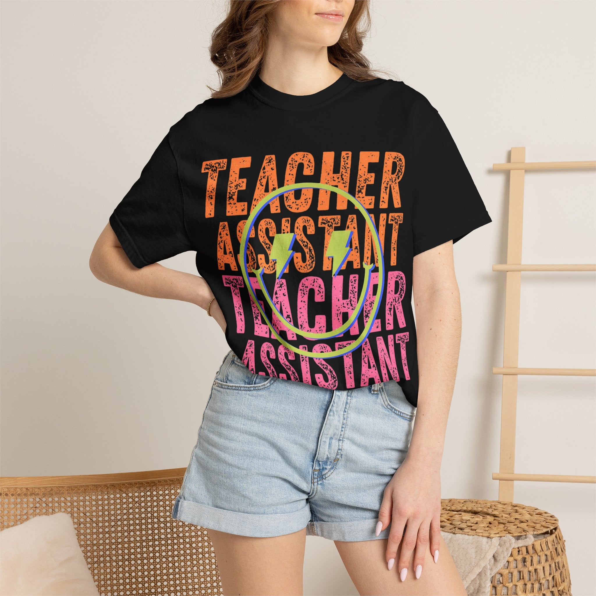 Teacher Assistant Smiley Face T-Shirt | School Staff Tee, Colorful Text