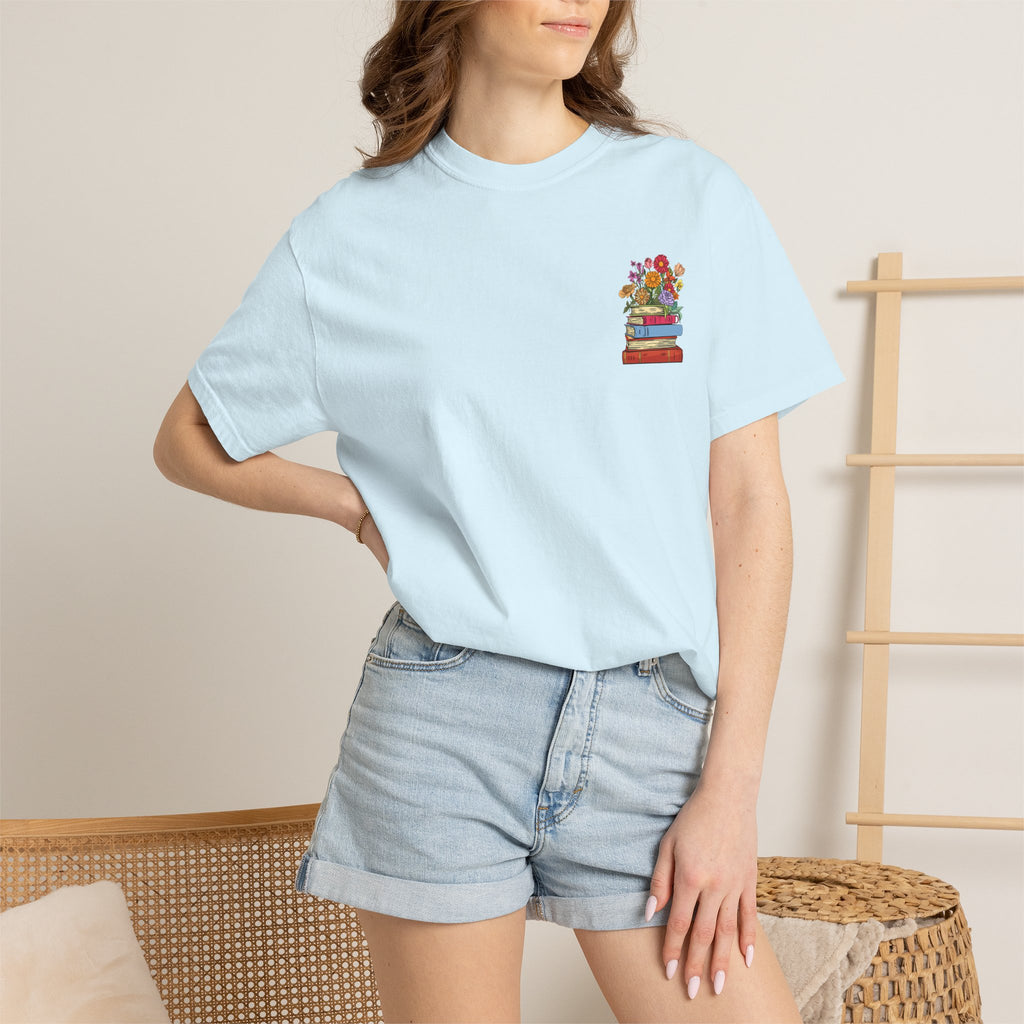 Reading Cozy T-Shirt — Floral Stack of Books Design