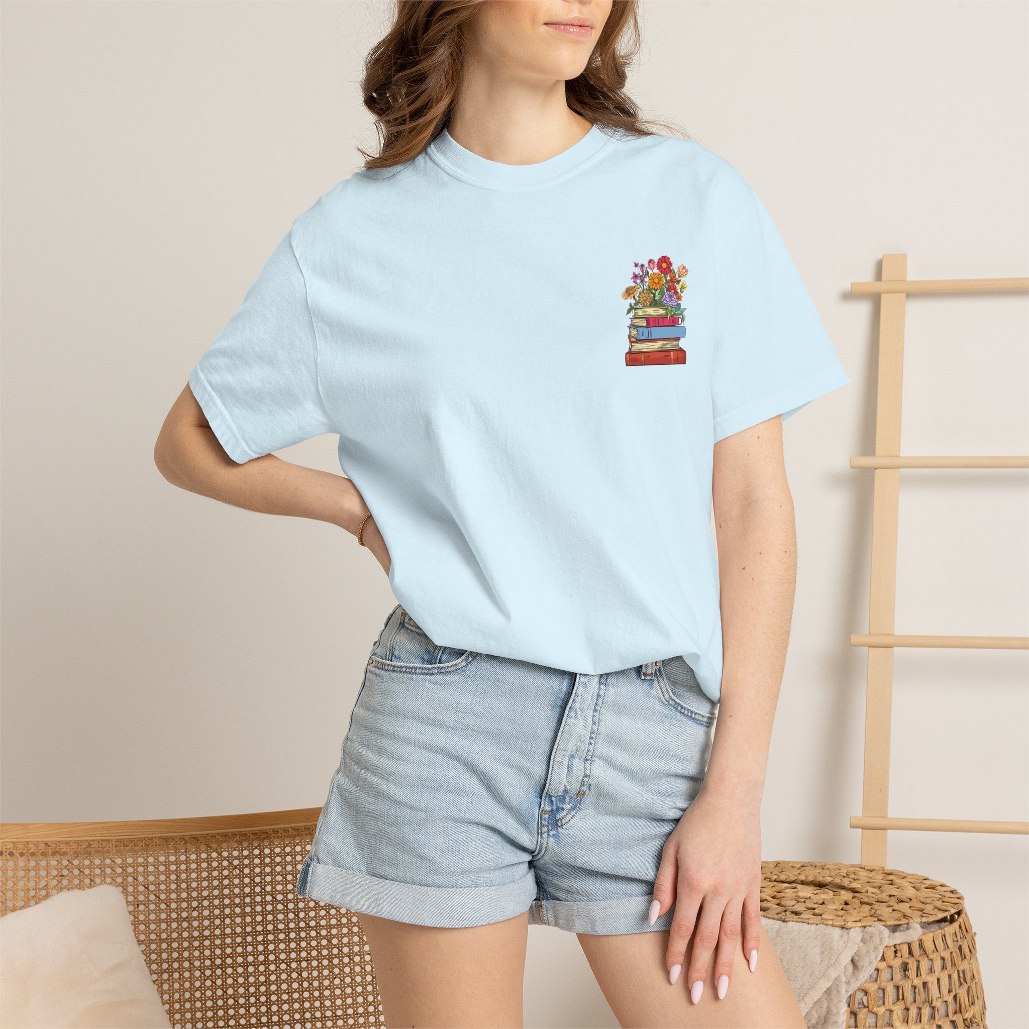 Reading Cozy T-Shirt — Floral Stack of Books Design