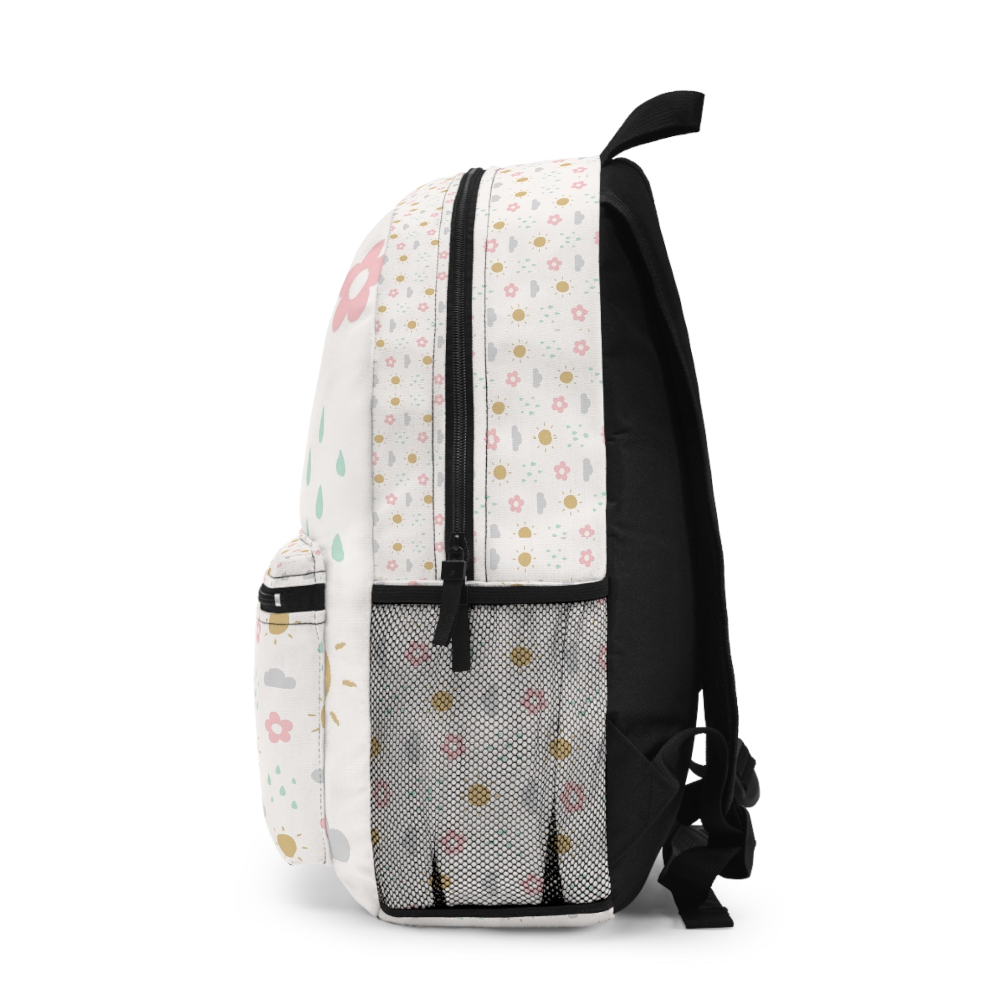 Sunshine Floral Backpack — Cute Pastel Flower & Raindrop Print for Kids