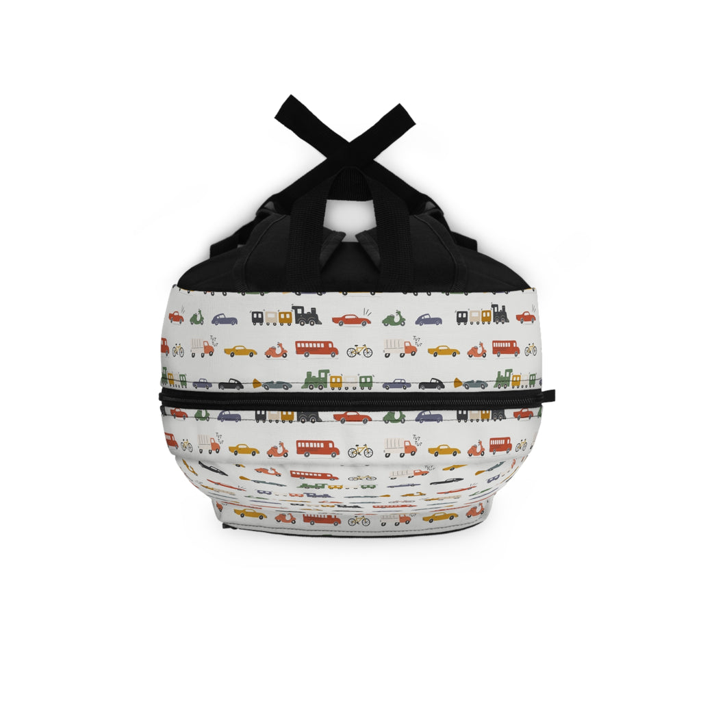 Kids' White Mini Vehicles Backpack — Cute Cars, Trucks & Bikes Print