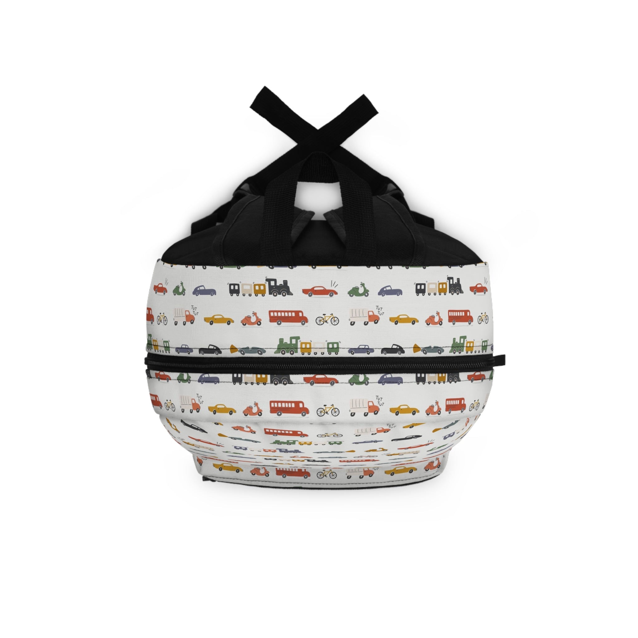 Kids' White Mini Vehicles Backpack — Cute Cars, Trucks & Bikes Print