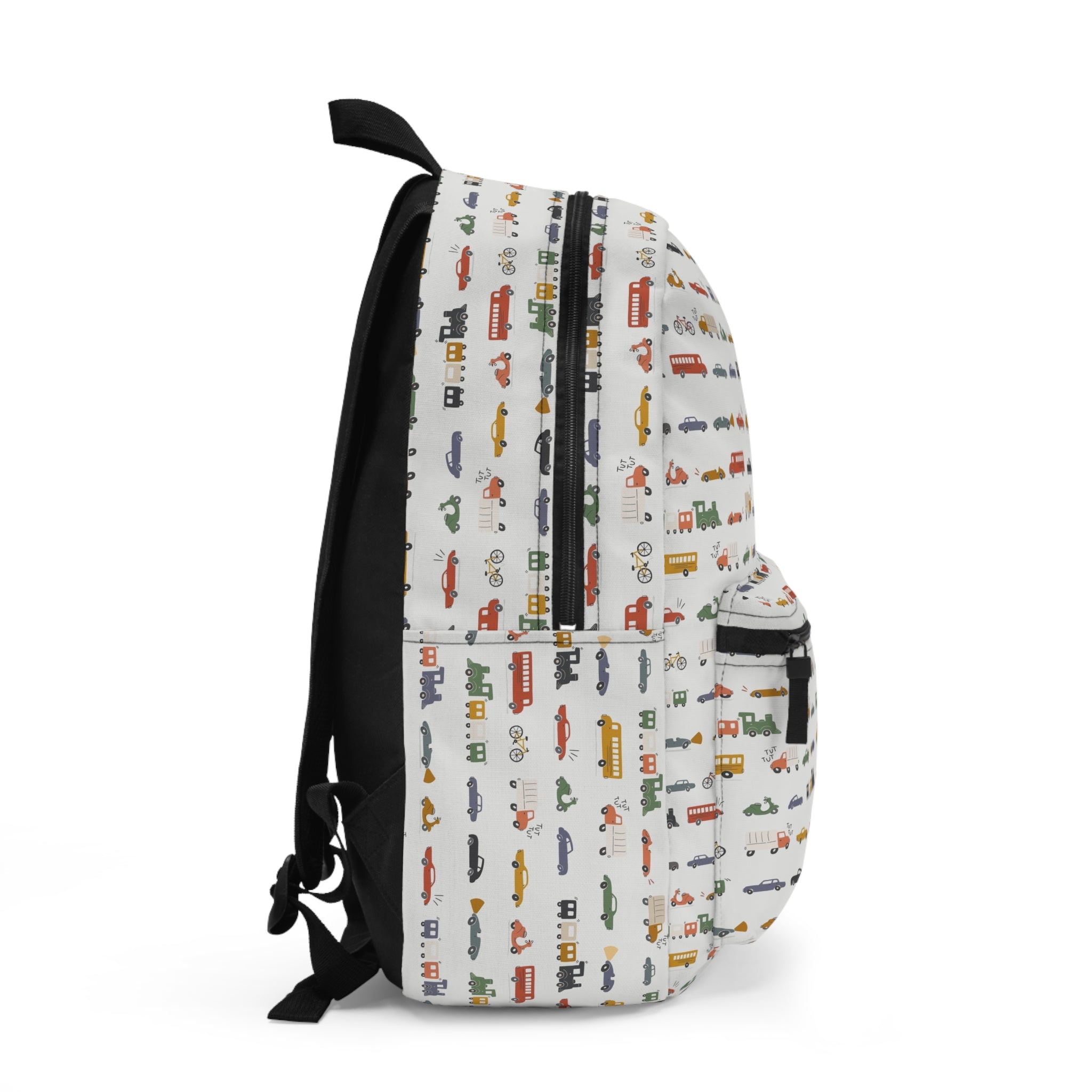 Kids' White Mini Vehicles Backpack — Cute Cars, Trucks & Bikes Print