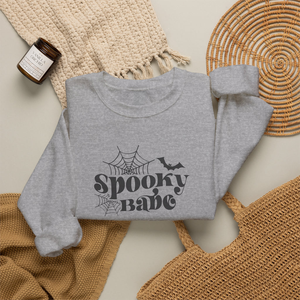 Spooky Babe Crewneck Sweatshirt — Halloween Spiderweb & Bat Graphic