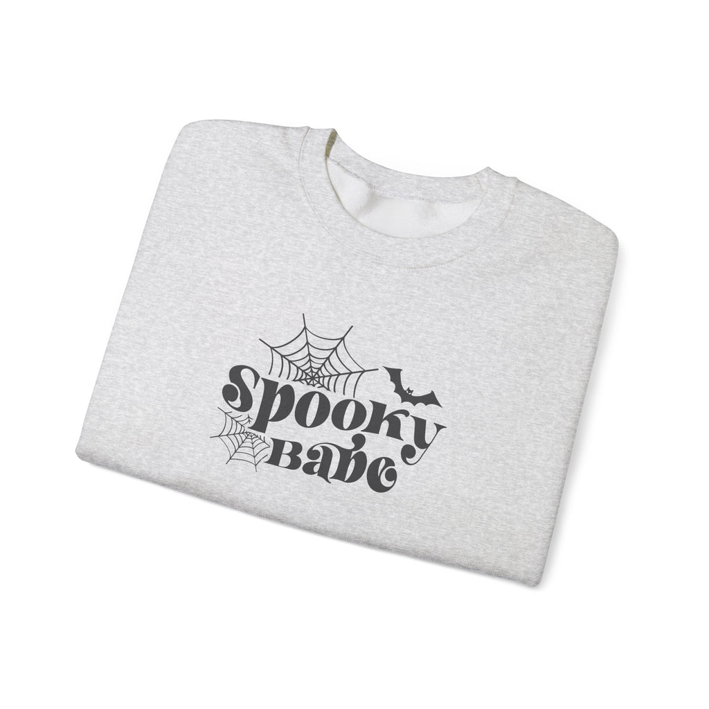 Spooky Babe Crewneck Sweatshirt — Halloween Spiderweb & Bat Graphic